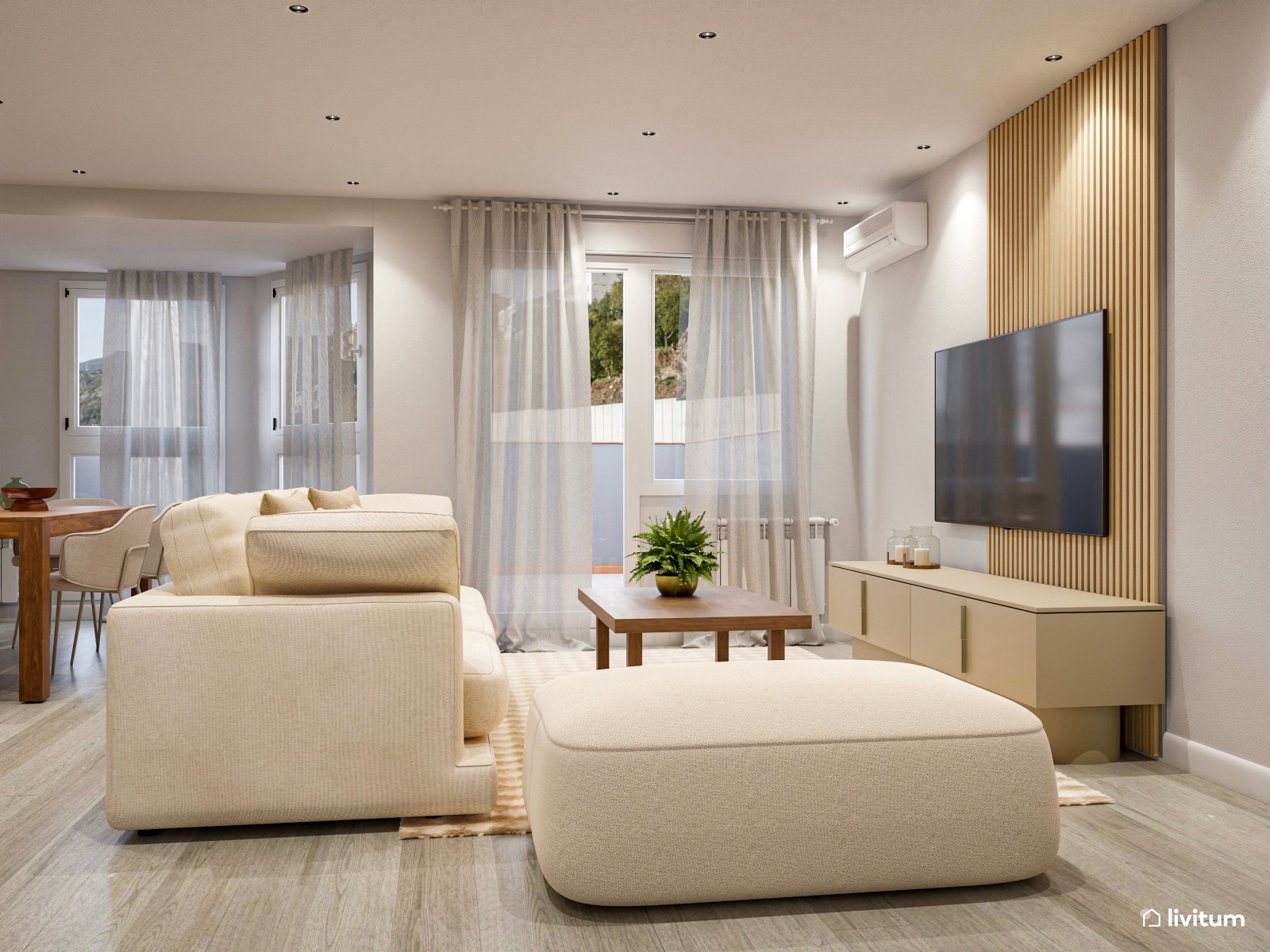 Elegante salón comedor de tonos tierra con muebles de madera oscura