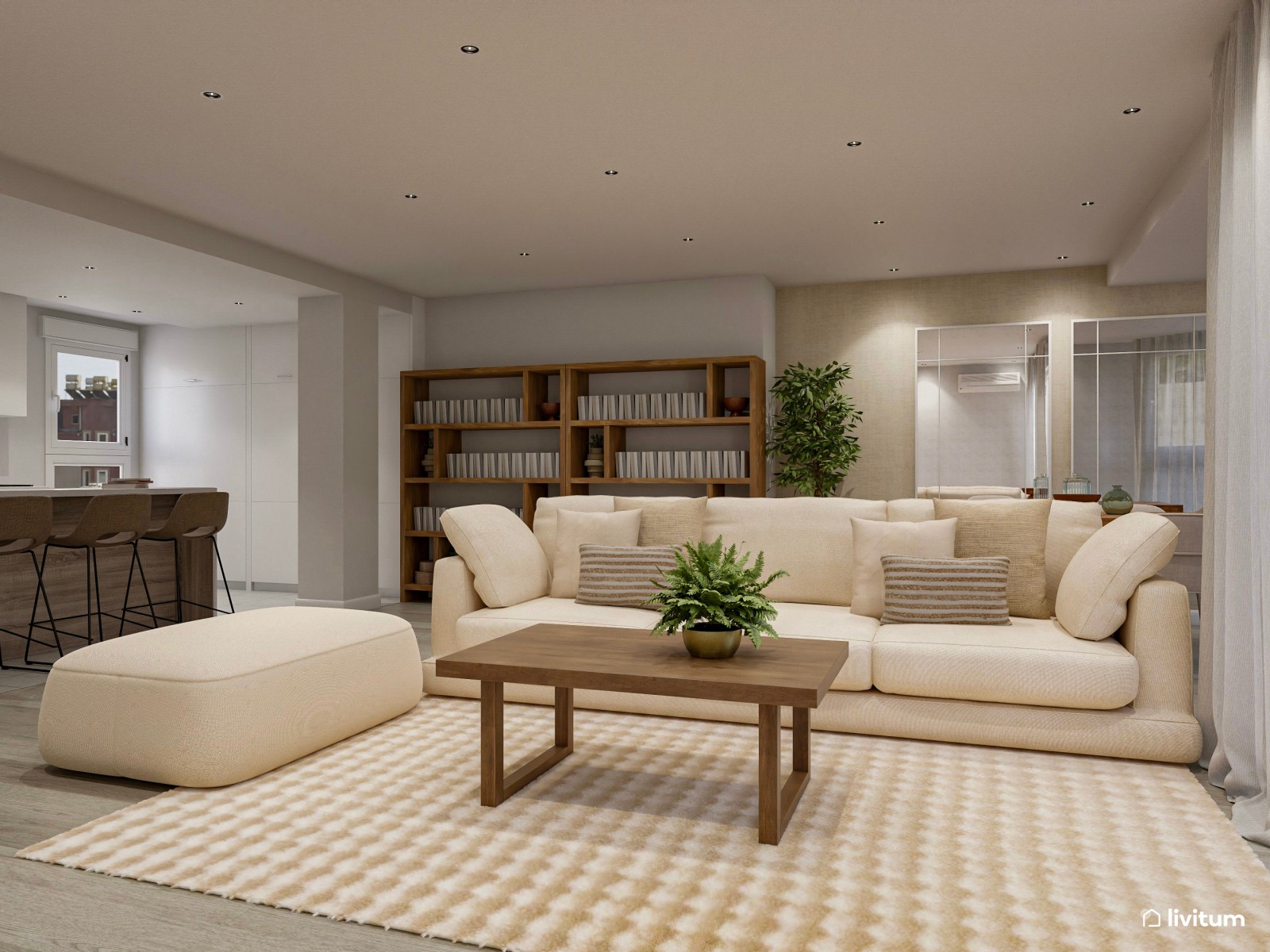 Elegante salón comedor de tonos tierra con muebles de madera oscura