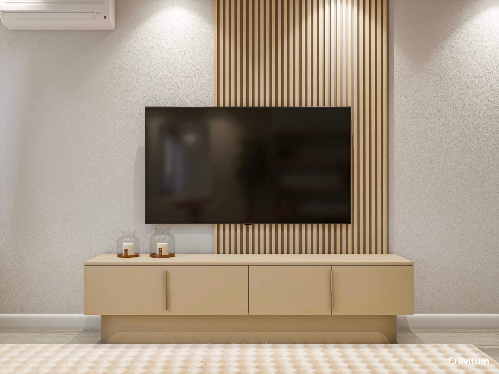 Elegante salón comedor de tonos tierra con muebles de madera oscura