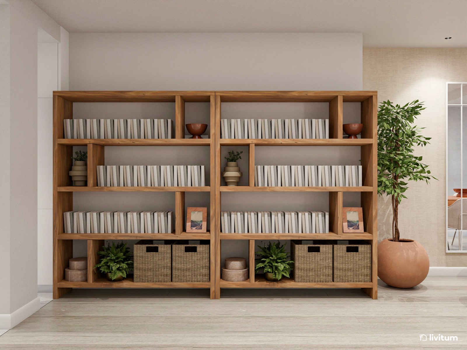 Elegante salón comedor de tonos tierra con muebles de madera oscura