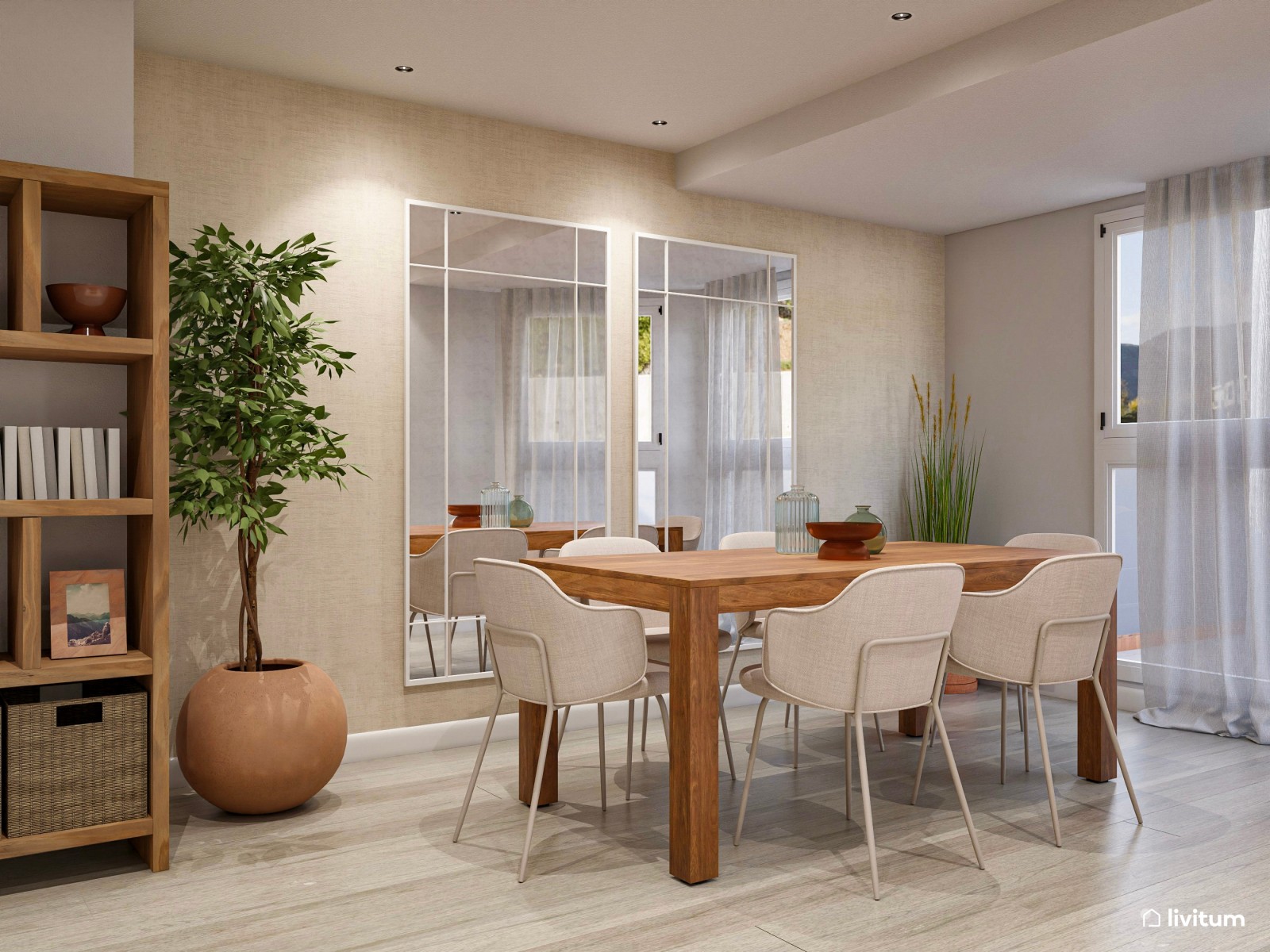 Elegante salón comedor de tonos tierra con muebles de madera oscura