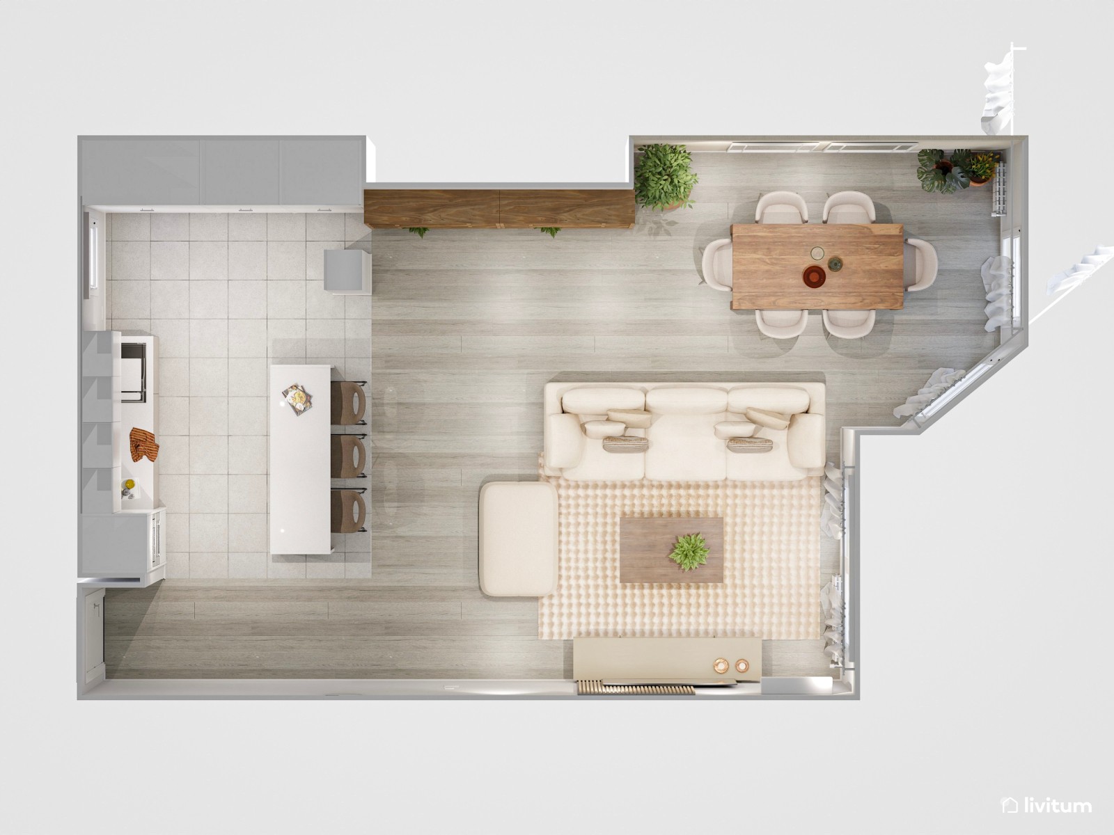 Elegante salón comedor de tonos tierra con muebles de madera oscura