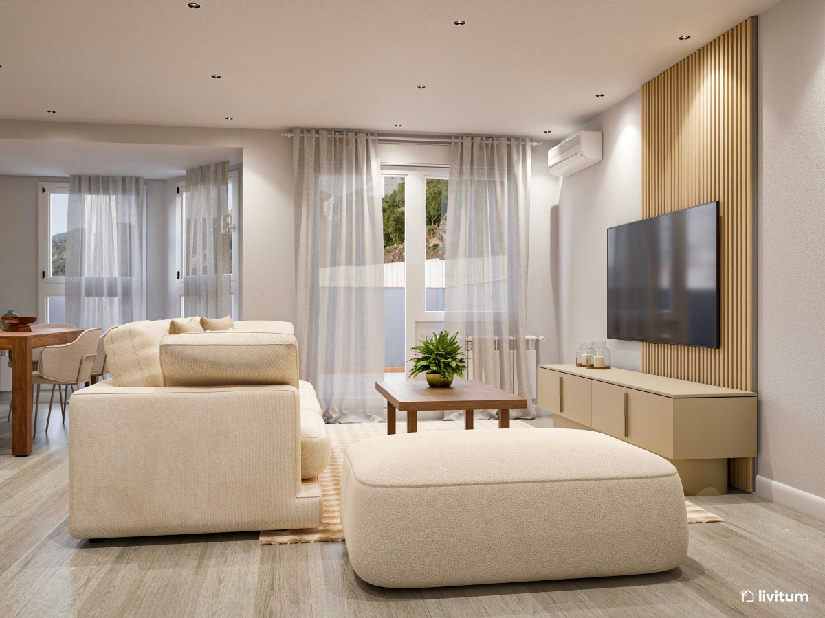 Elegante salón comedor de tonos tierra con muebles de madera oscura