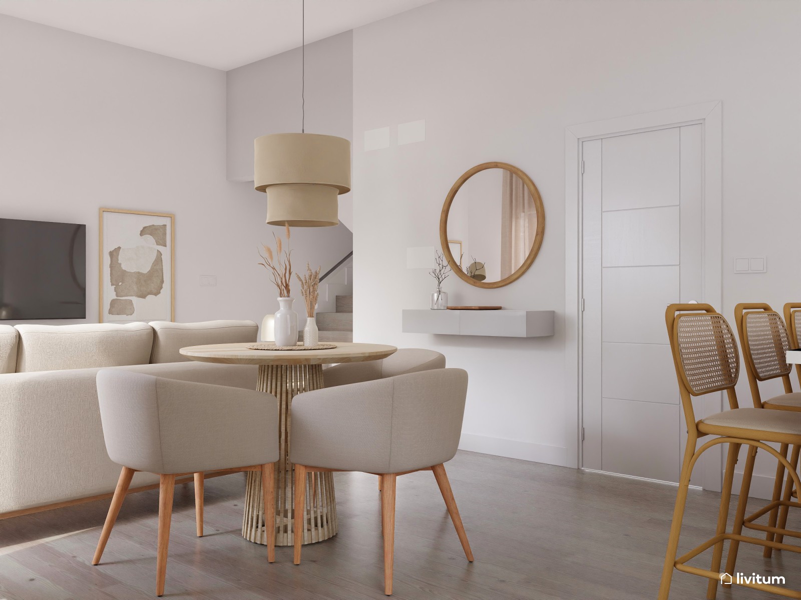 Elegante salón comedor en beige y de tendencia nórdica  