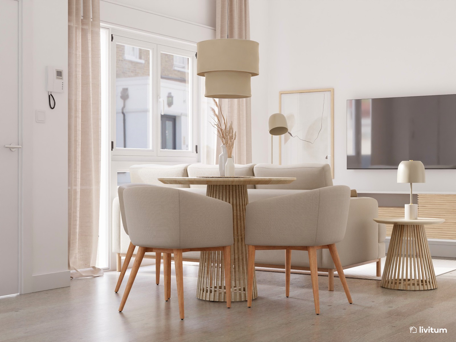 Elegante salón comedor en beige y de tendencia nórdica  