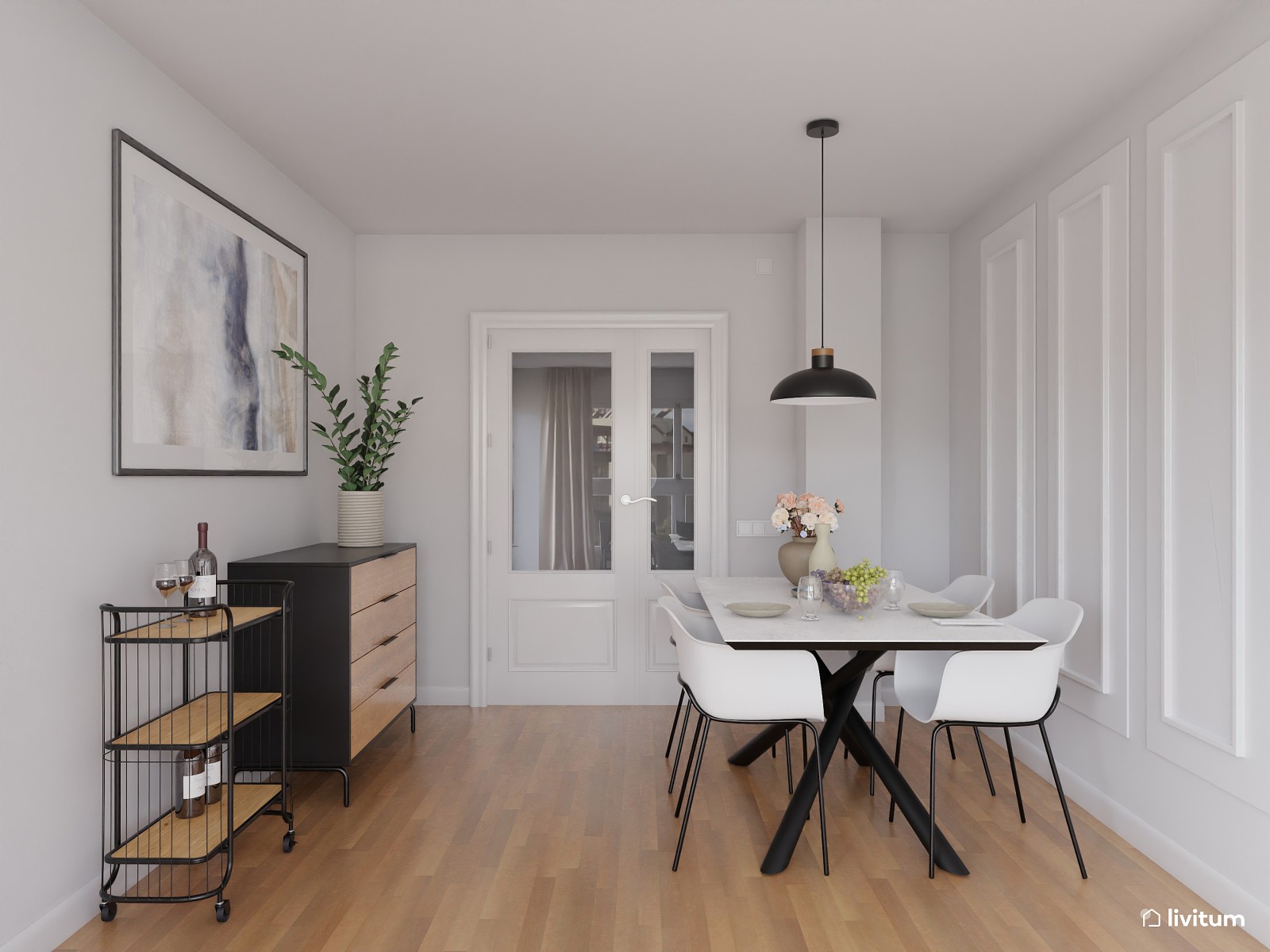 Elegante salón comedor en negro y tonos neutros 