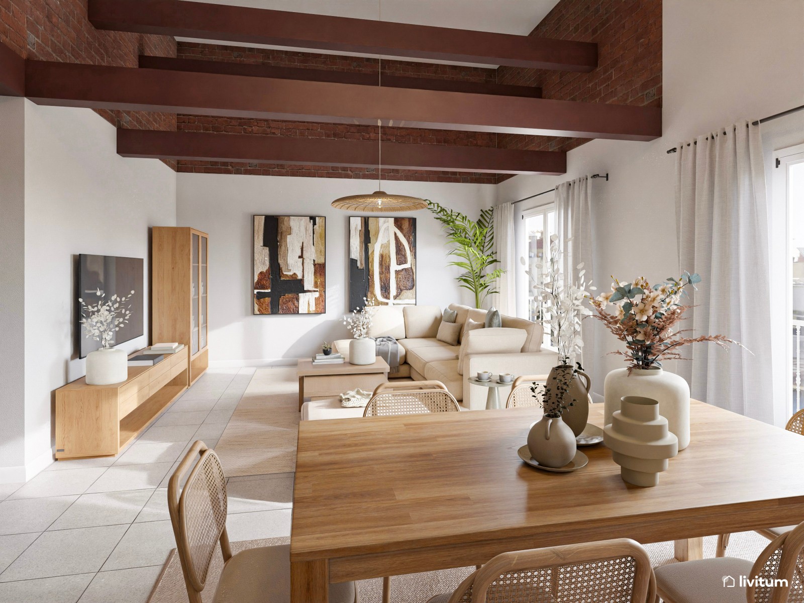 Elegante salón comedor en tonos tierra con techo de madera oscura