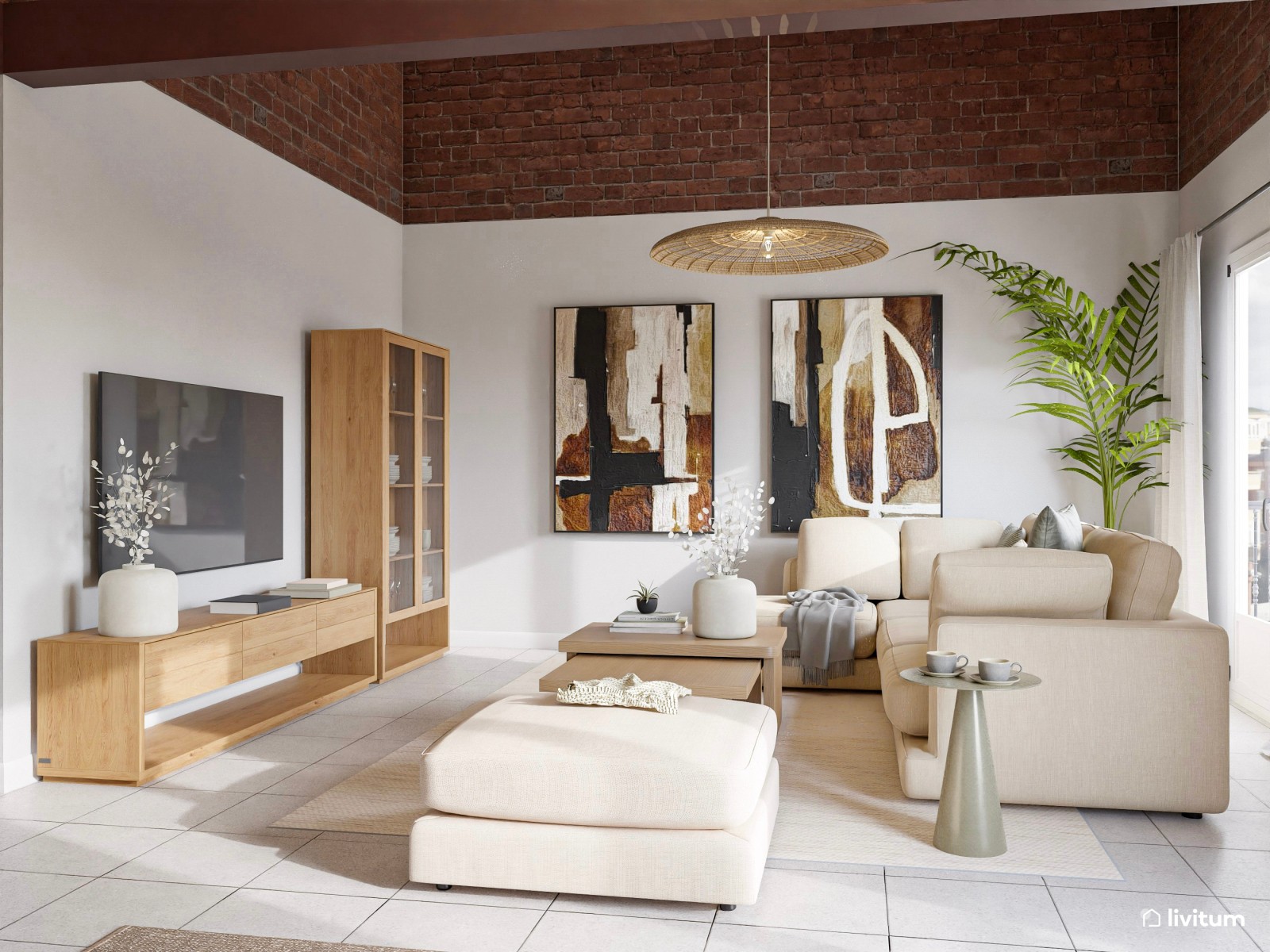 Elegante salón comedor en tonos tierra con techo de madera oscura