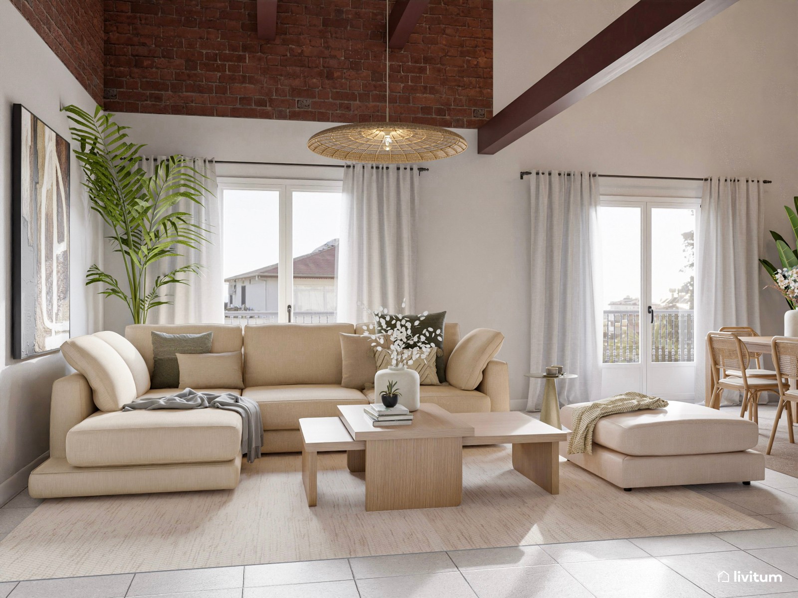 Elegante salón comedor en tonos tierra con techo de madera oscura
