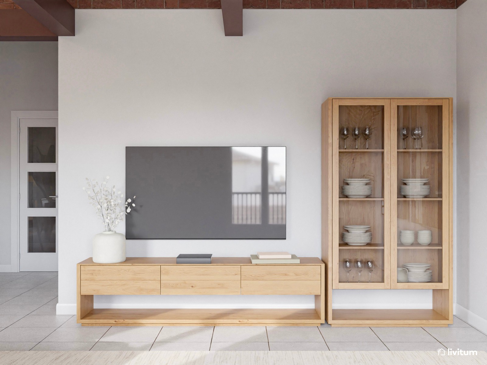 Elegante salón comedor en tonos tierra con techo de madera oscura