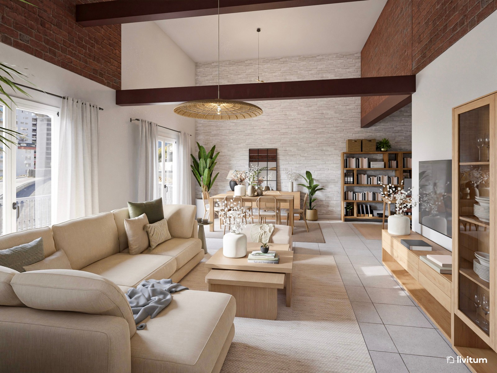 Elegante salón comedor en tonos tierra con techo de madera oscura
