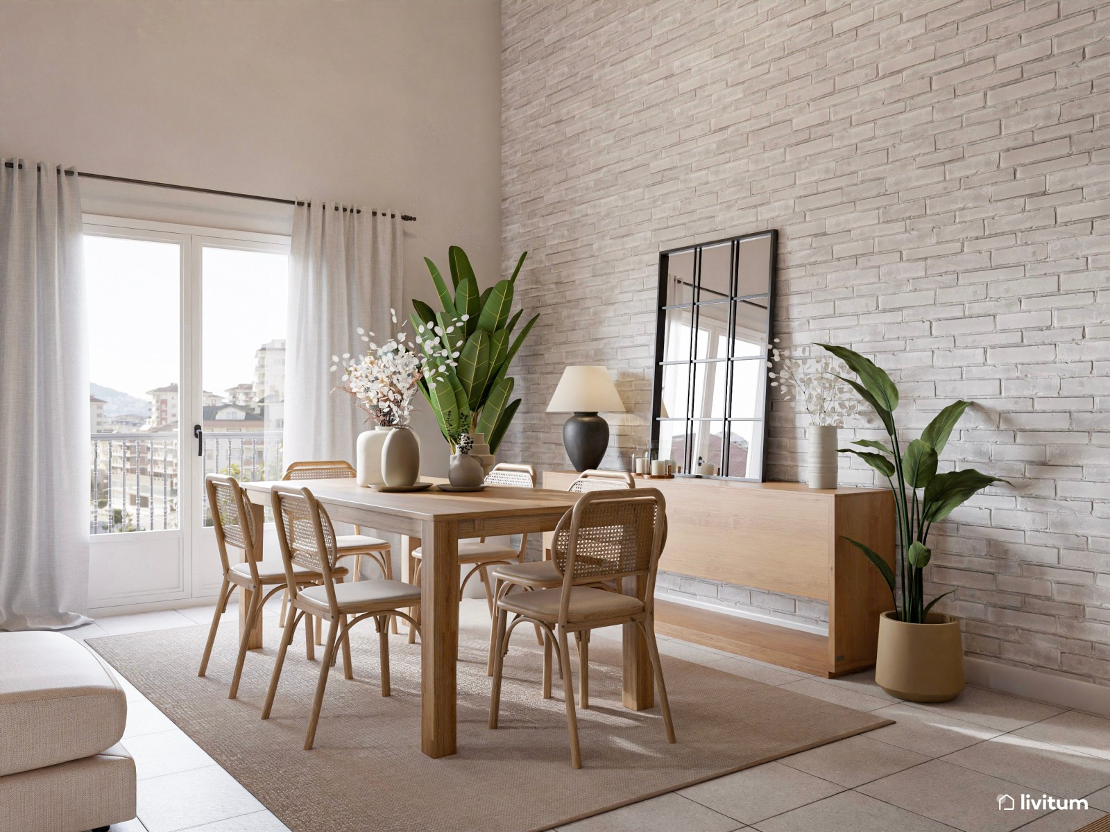 Elegante salón comedor en tonos tierra con techo de madera oscura