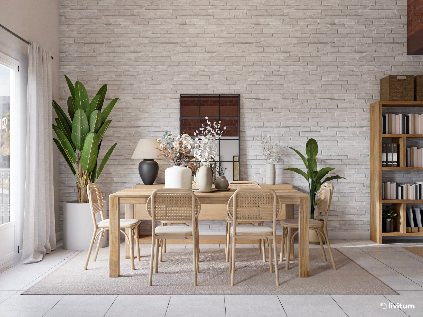 Elegante salón comedor en tonos tierra con techo de madera oscura