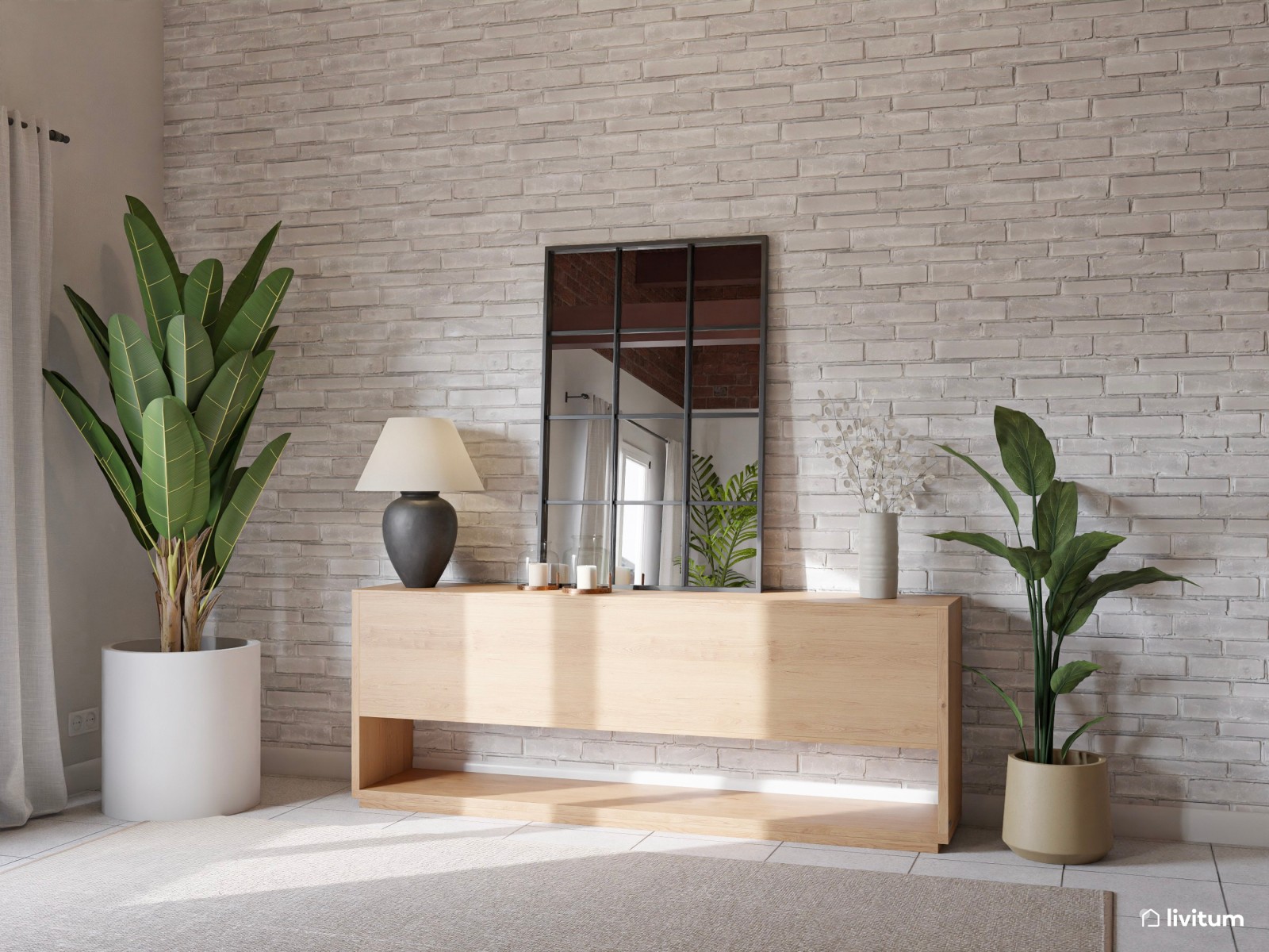 Elegante salón comedor en tonos tierra con techo de madera oscura