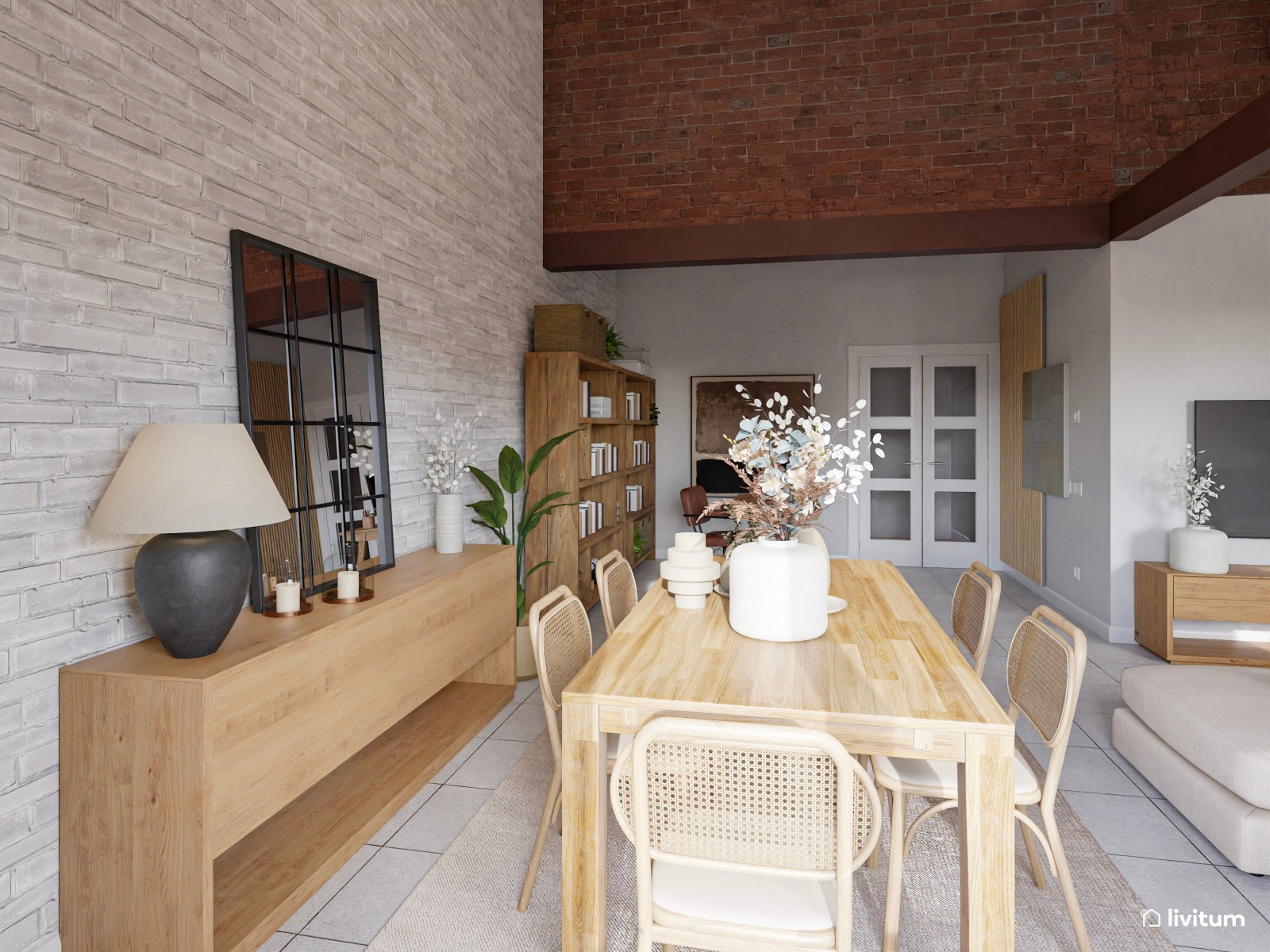 Elegante salón comedor en tonos tierra con techo de madera oscura