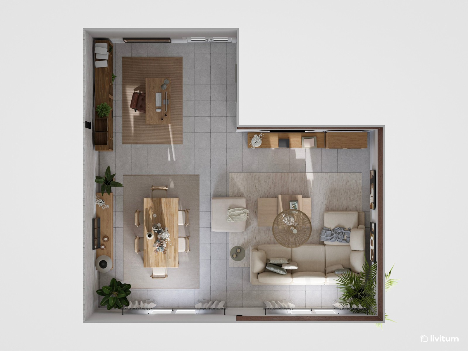 Elegante salón comedor en tonos tierra con techo de madera oscura