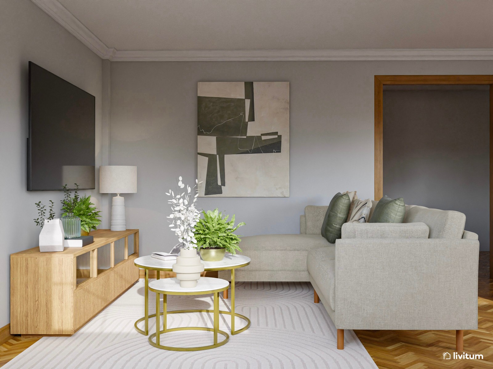 Elegante salón comedor gris con detalles en madera y dorado