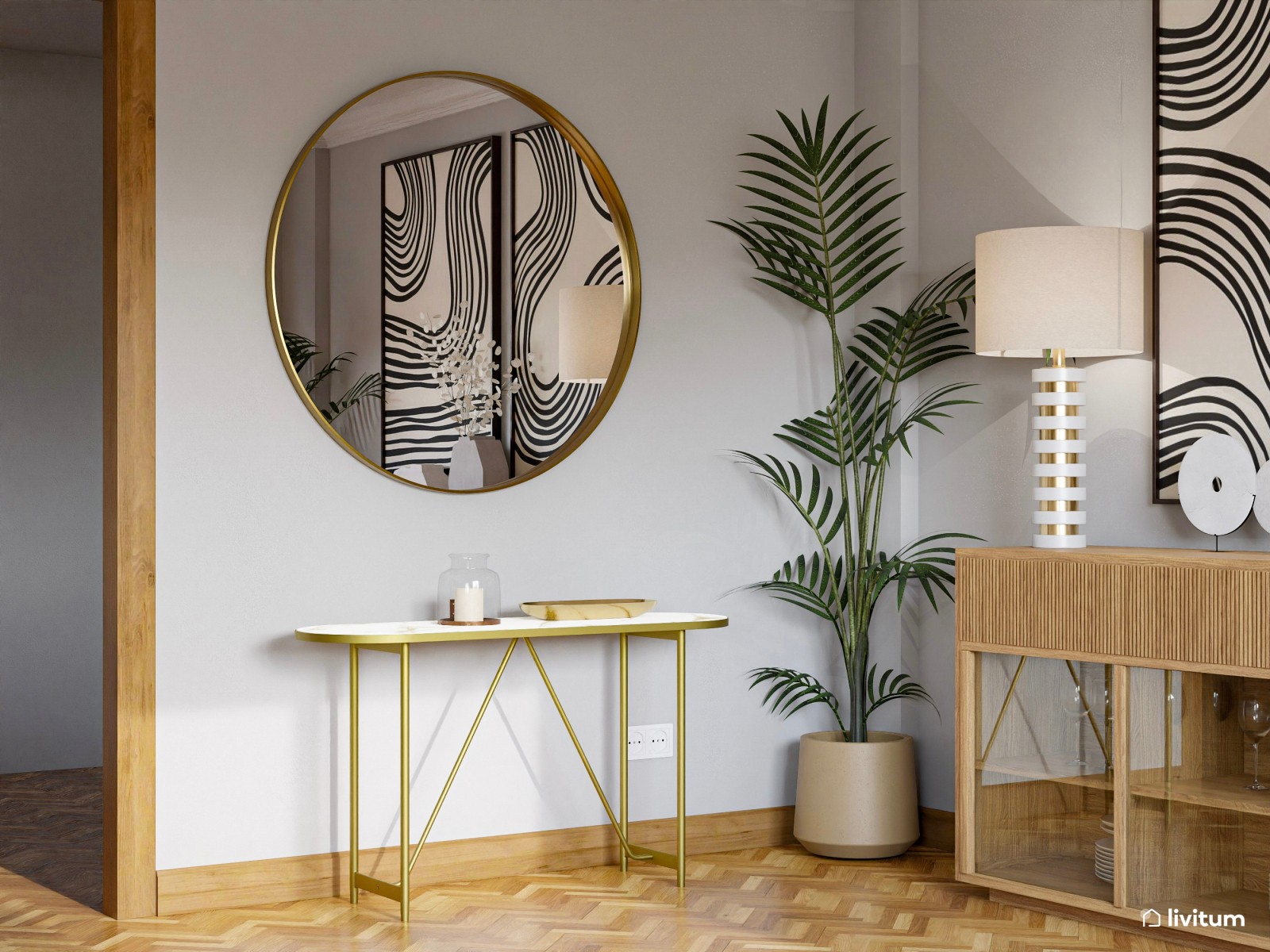 Elegante salón comedor gris con detalles en madera y dorado