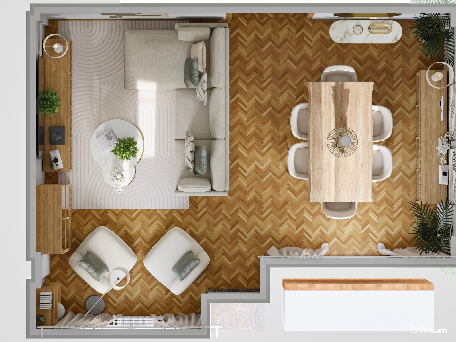 Elegante salón comedor gris con detalles en madera y dorado