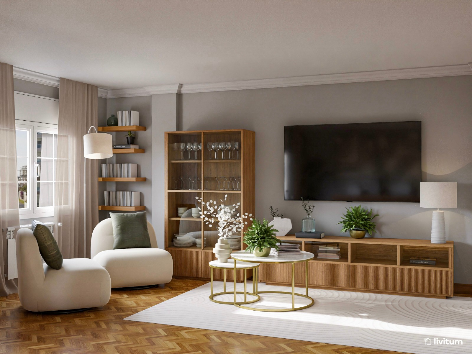 Elegante salón comedor gris con detalles en madera y dorado