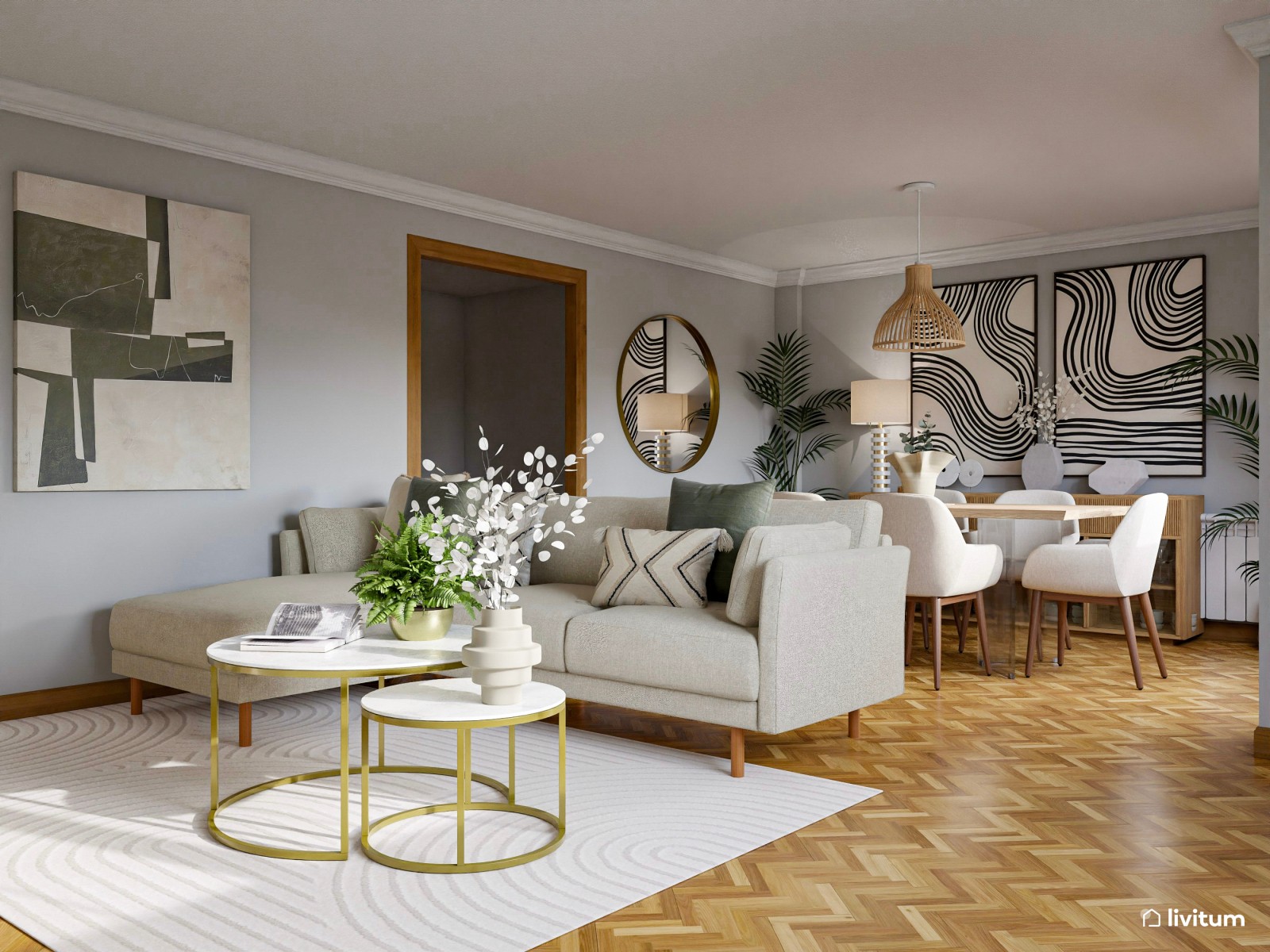 Elegante salón comedor gris con detalles en madera y dorado