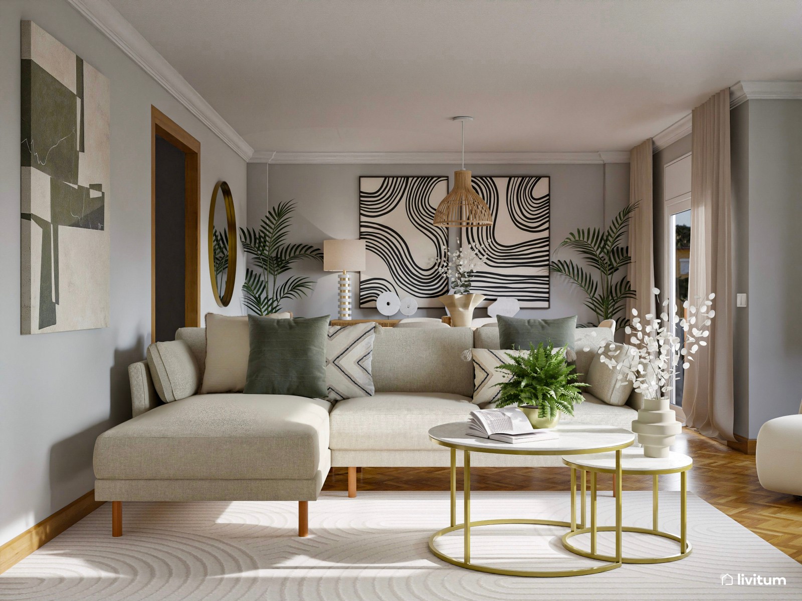 Elegante salón comedor gris con detalles en madera y dorado