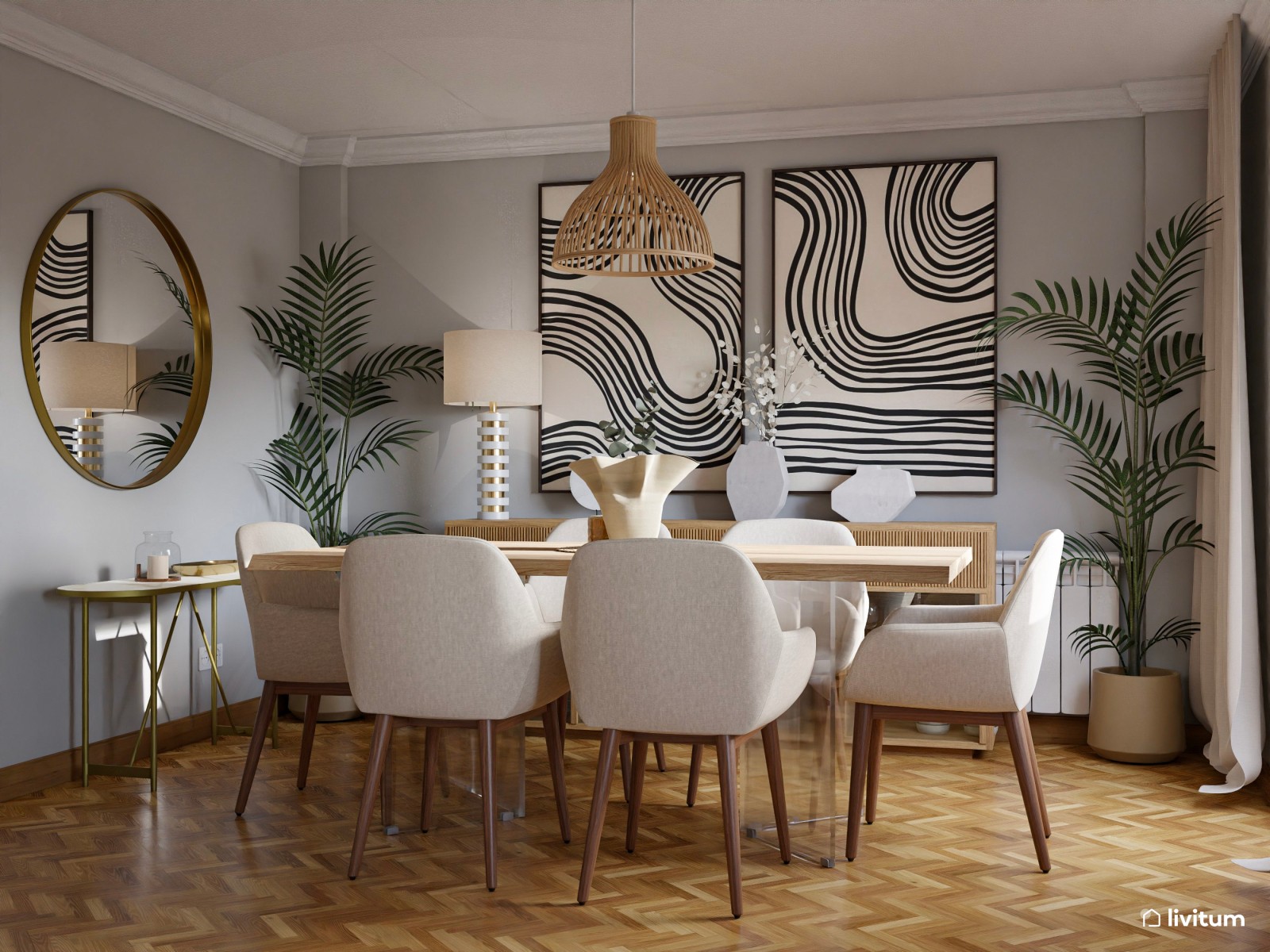 Elegante salón comedor gris con detalles en madera y dorado