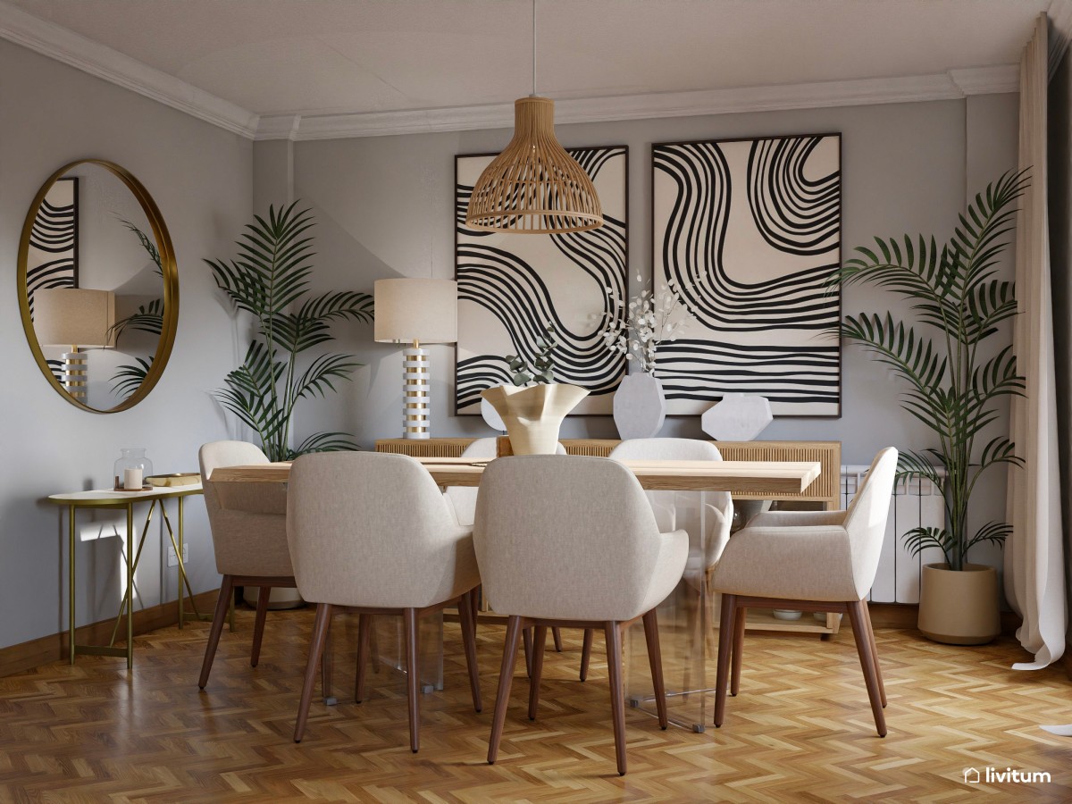 Elegante salón comedor gris con detalles en madera y dorado