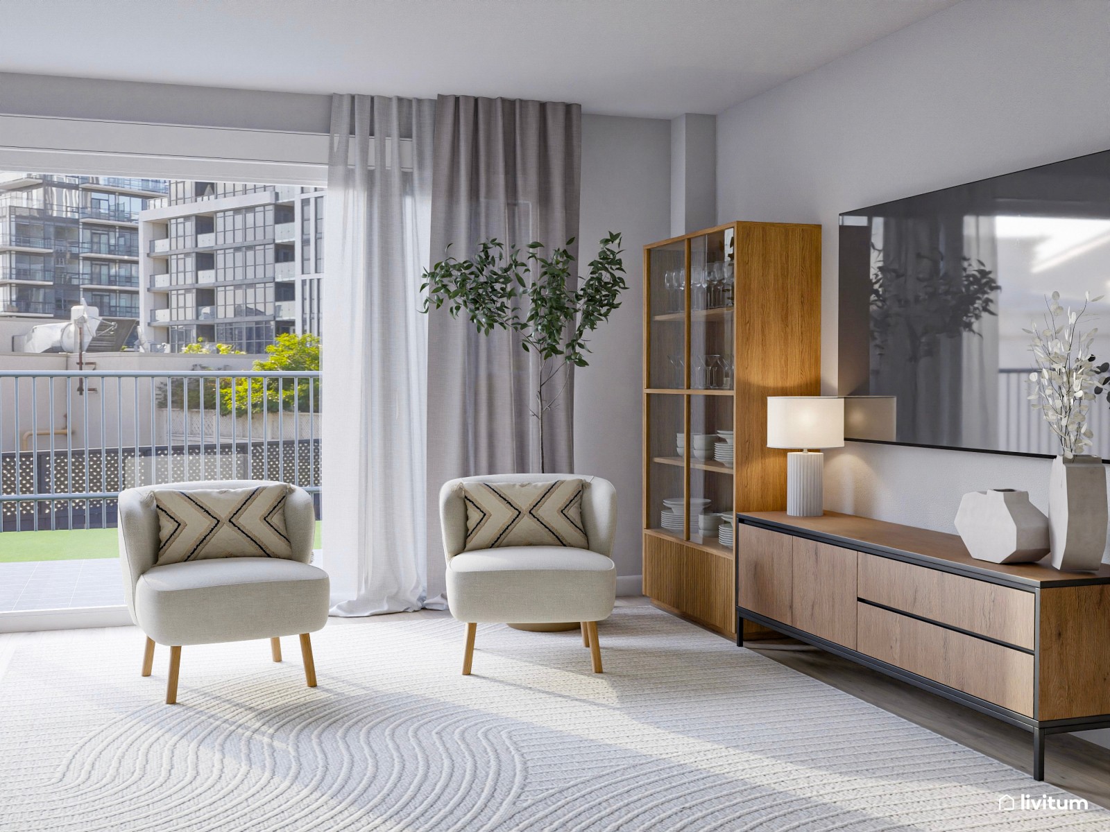 Elegante salón comedor moderno en colores suaves