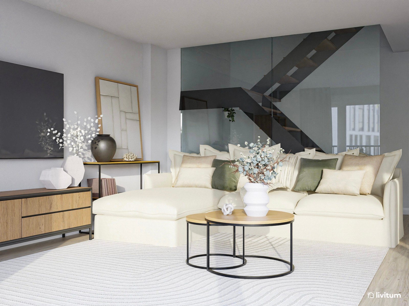 Elegante salón comedor moderno en colores suaves