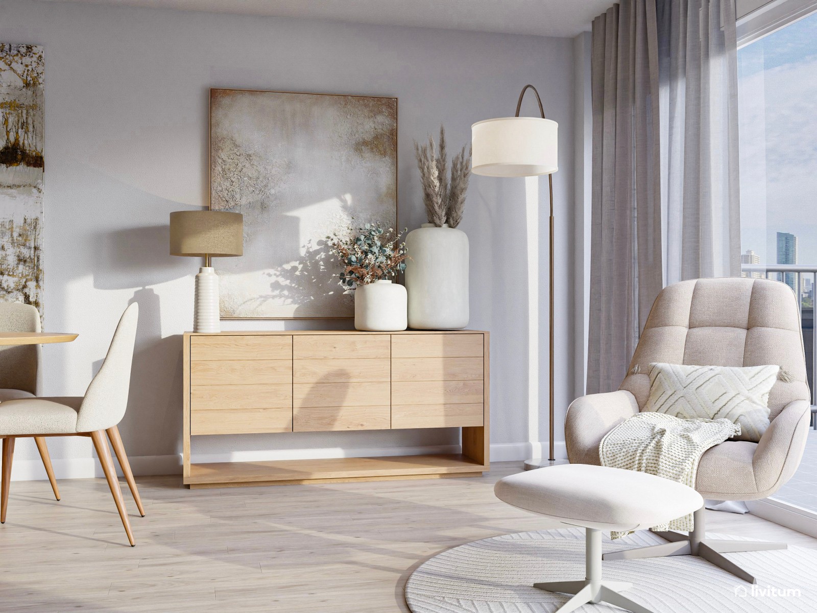 Elegante salón comedor moderno en colores suaves