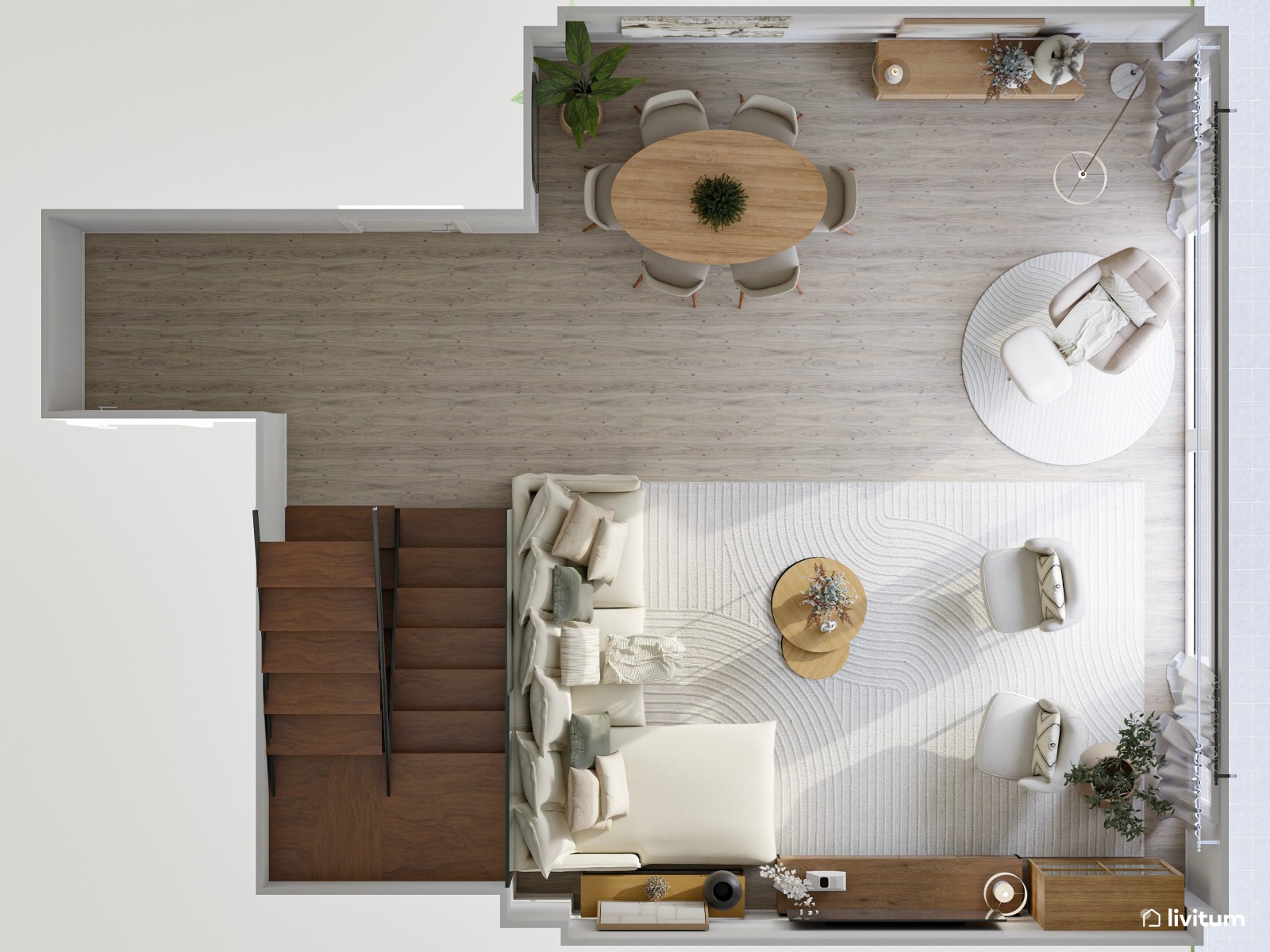 Elegante salón comedor moderno en colores suaves