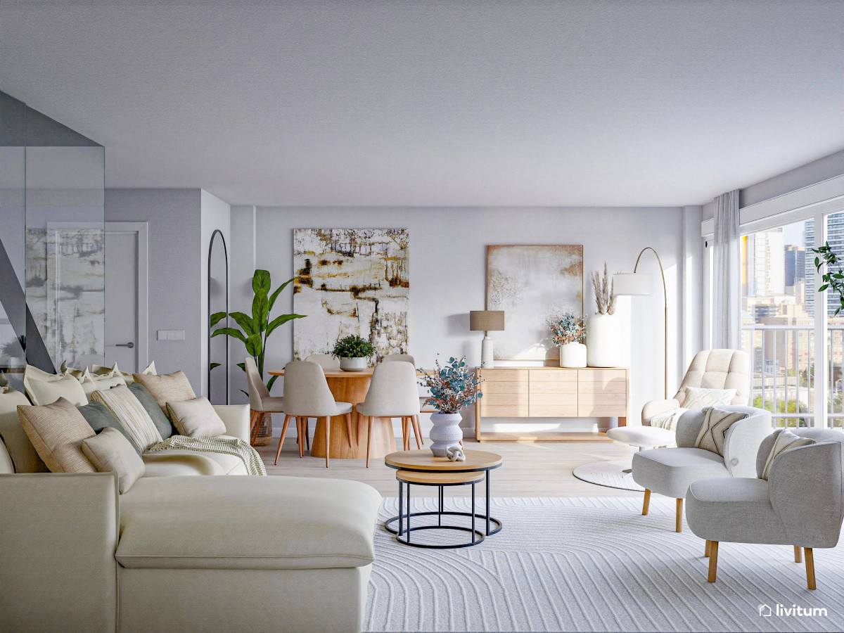 Elegante salón comedor moderno en colores suaves