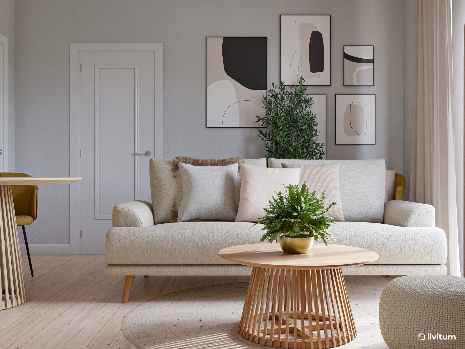 Elegante salón comedor nórdico con madera y mostaza