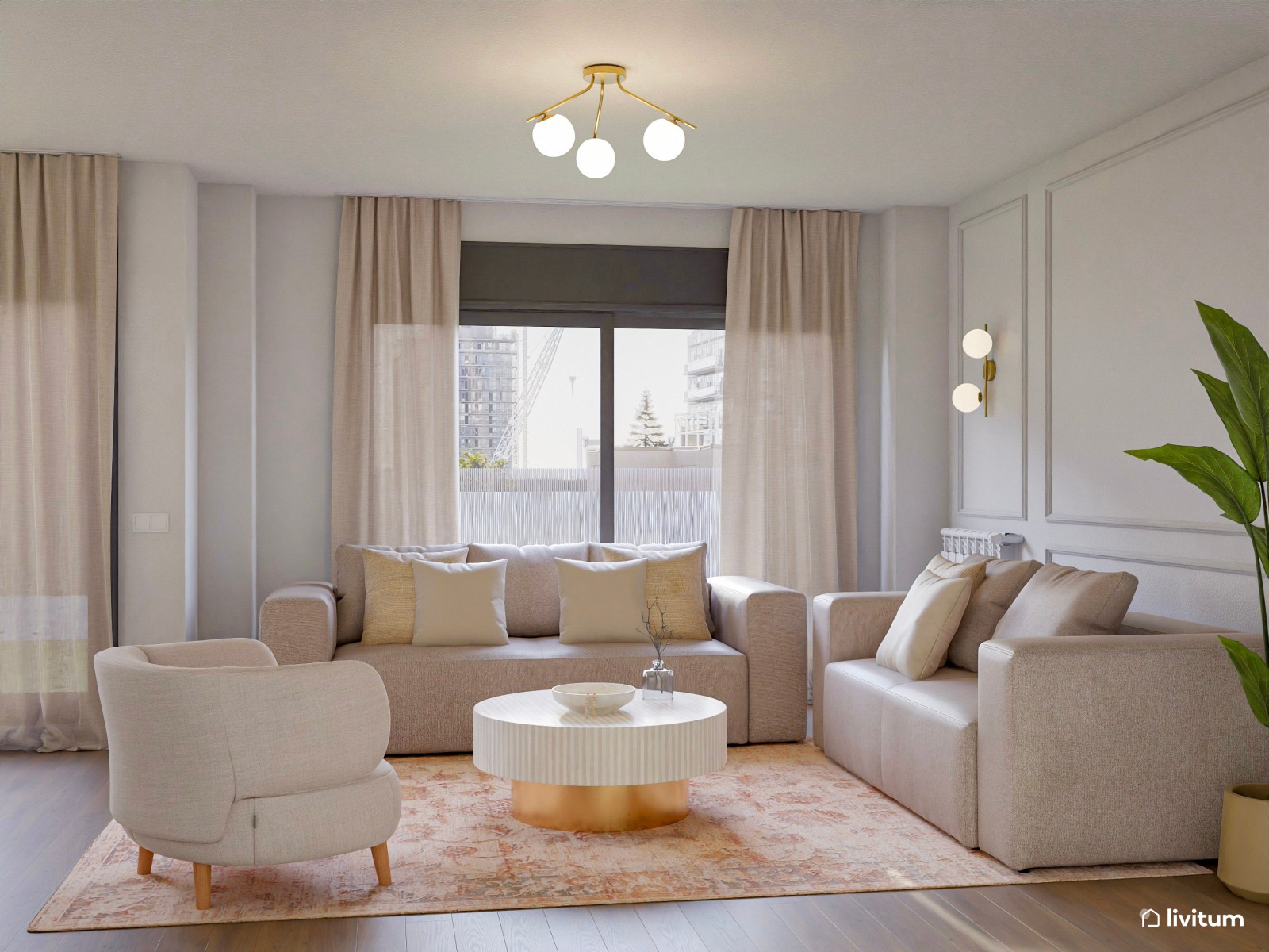 Elegante salón con muebles curvos y paredes con molduras