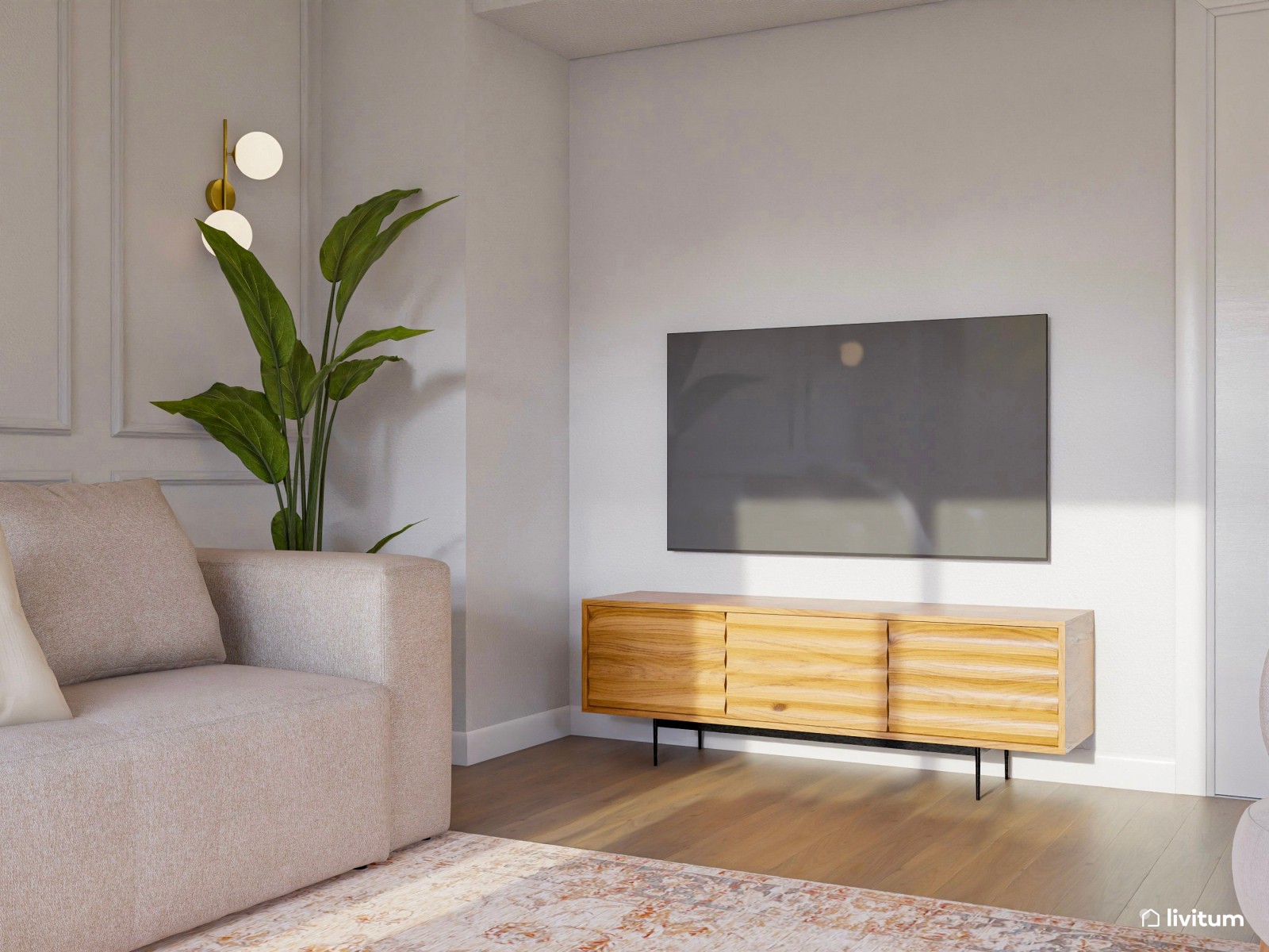 Elegante salón con muebles curvos y paredes con molduras