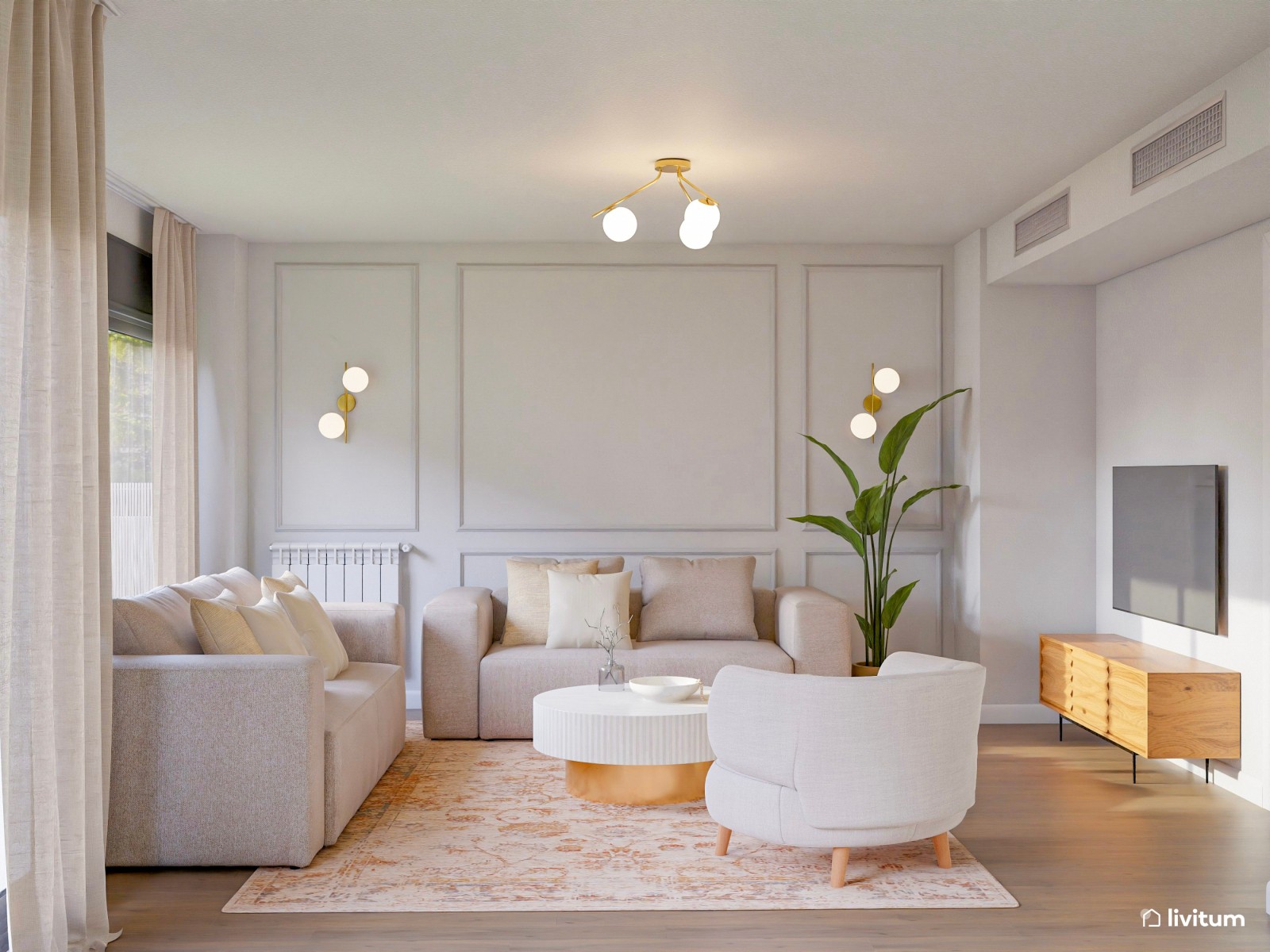 Elegante salón con muebles curvos y paredes con molduras