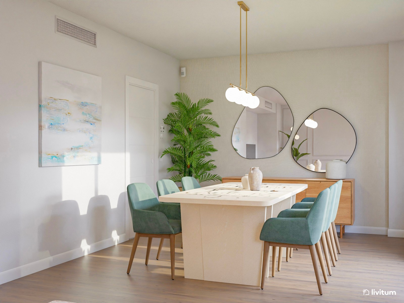 Elegante salón con muebles curvos y paredes con molduras