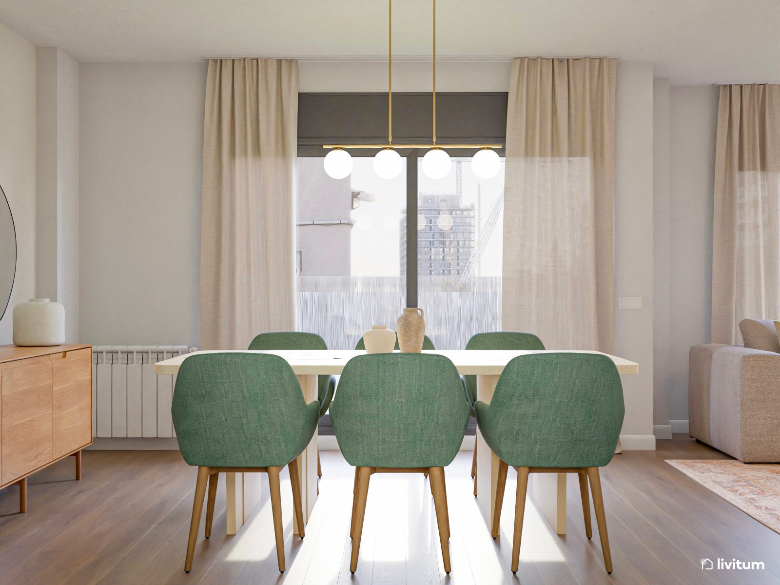 Elegante salón con muebles curvos y paredes con molduras