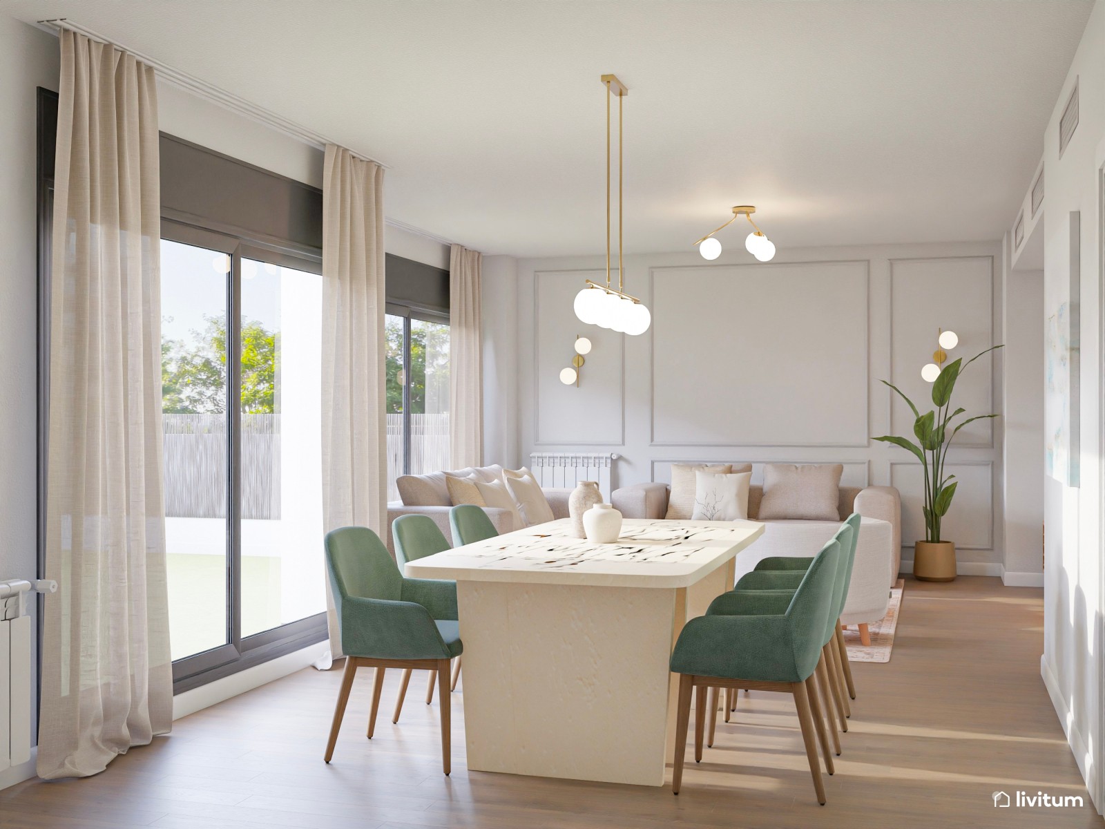 Elegante salón con muebles curvos y paredes con molduras