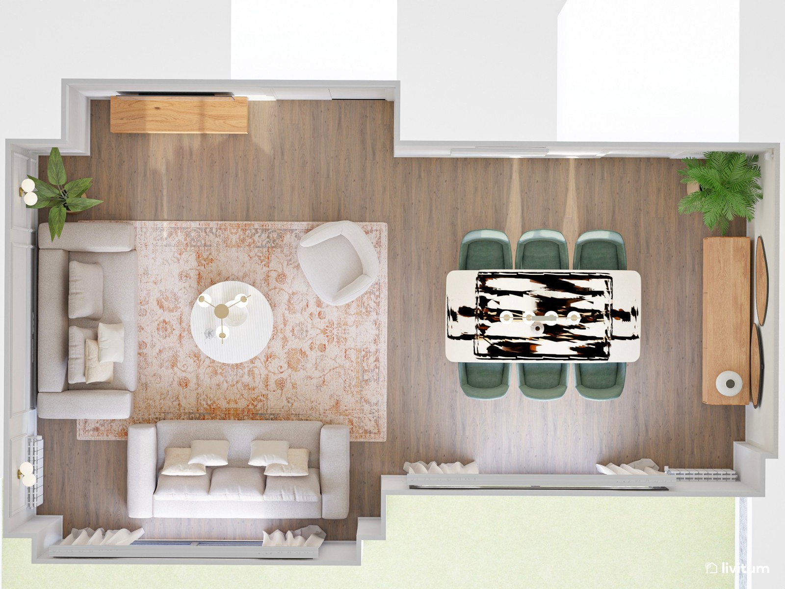 Elegante salón con muebles curvos y paredes con molduras