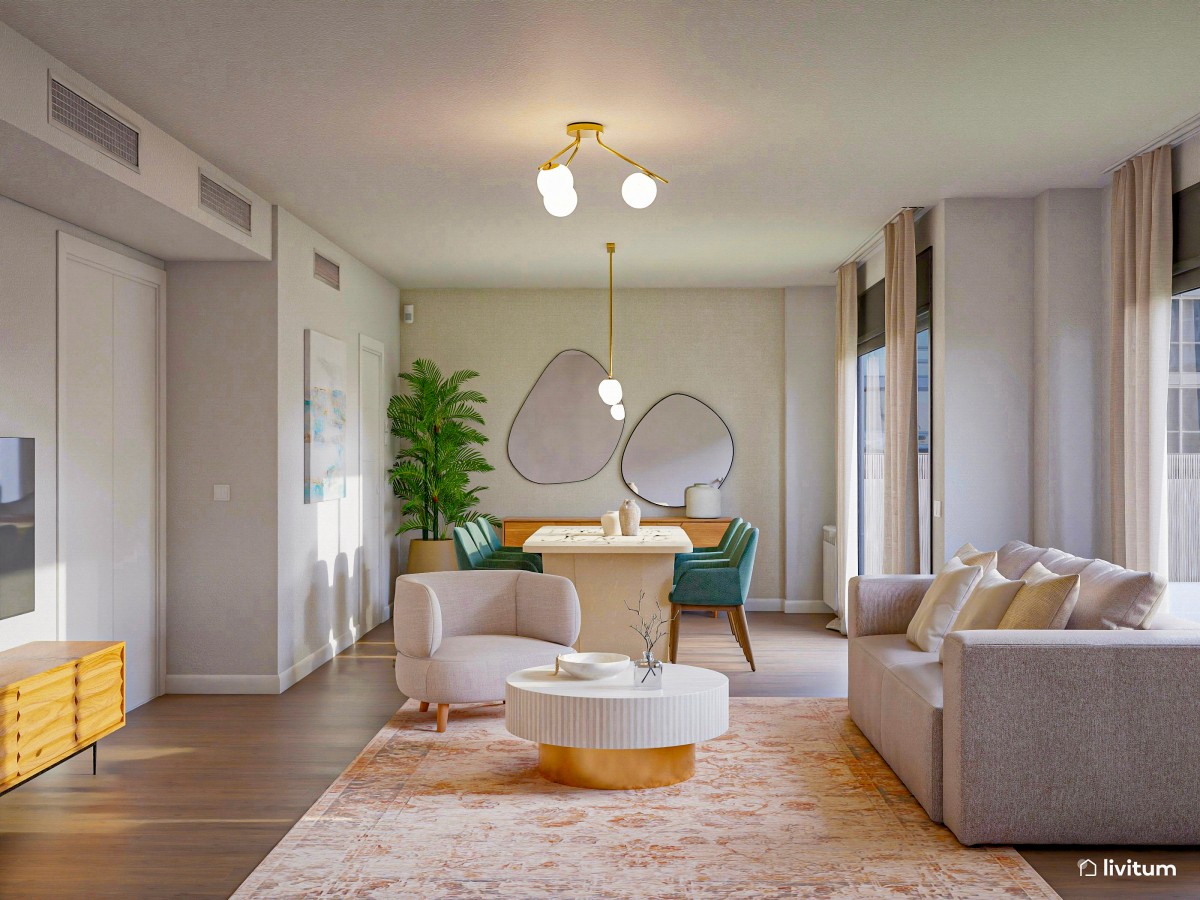 Elegante salón con muebles curvos y paredes con molduras