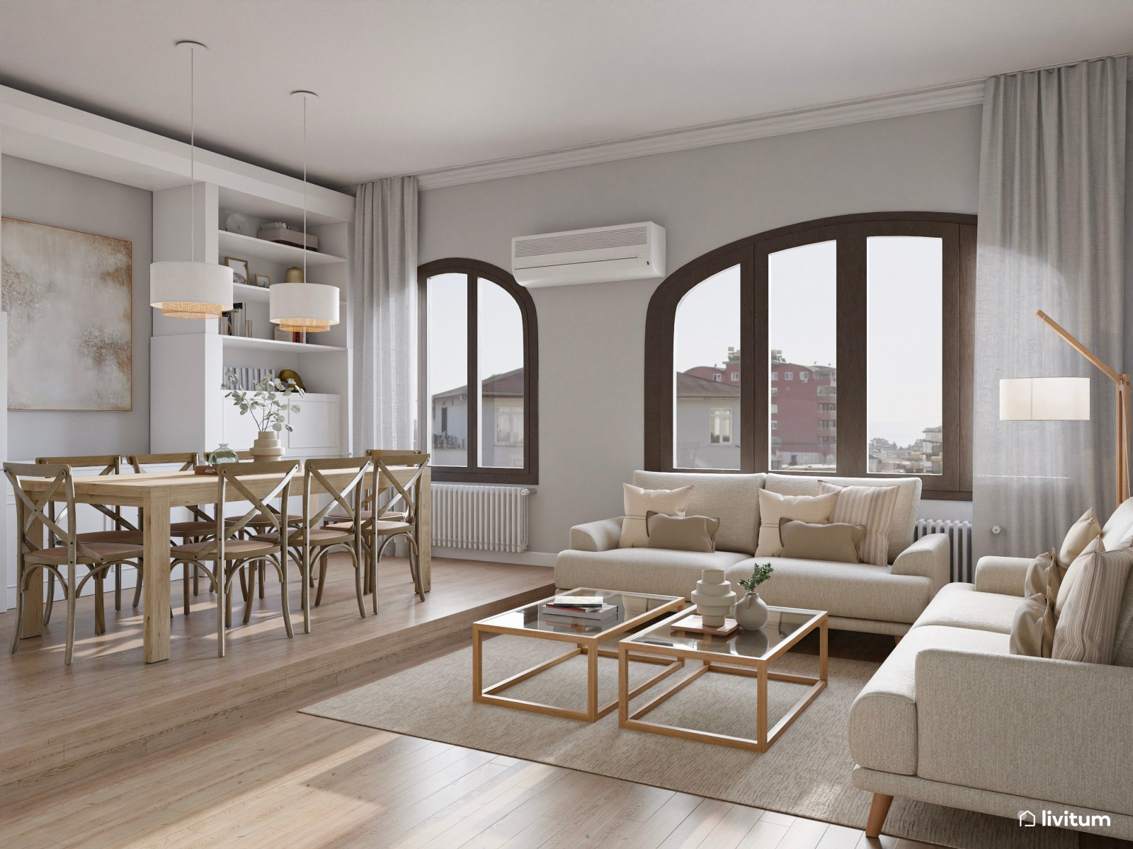 Elegante salón con ventanas arqueadas y mobiliario clásico 