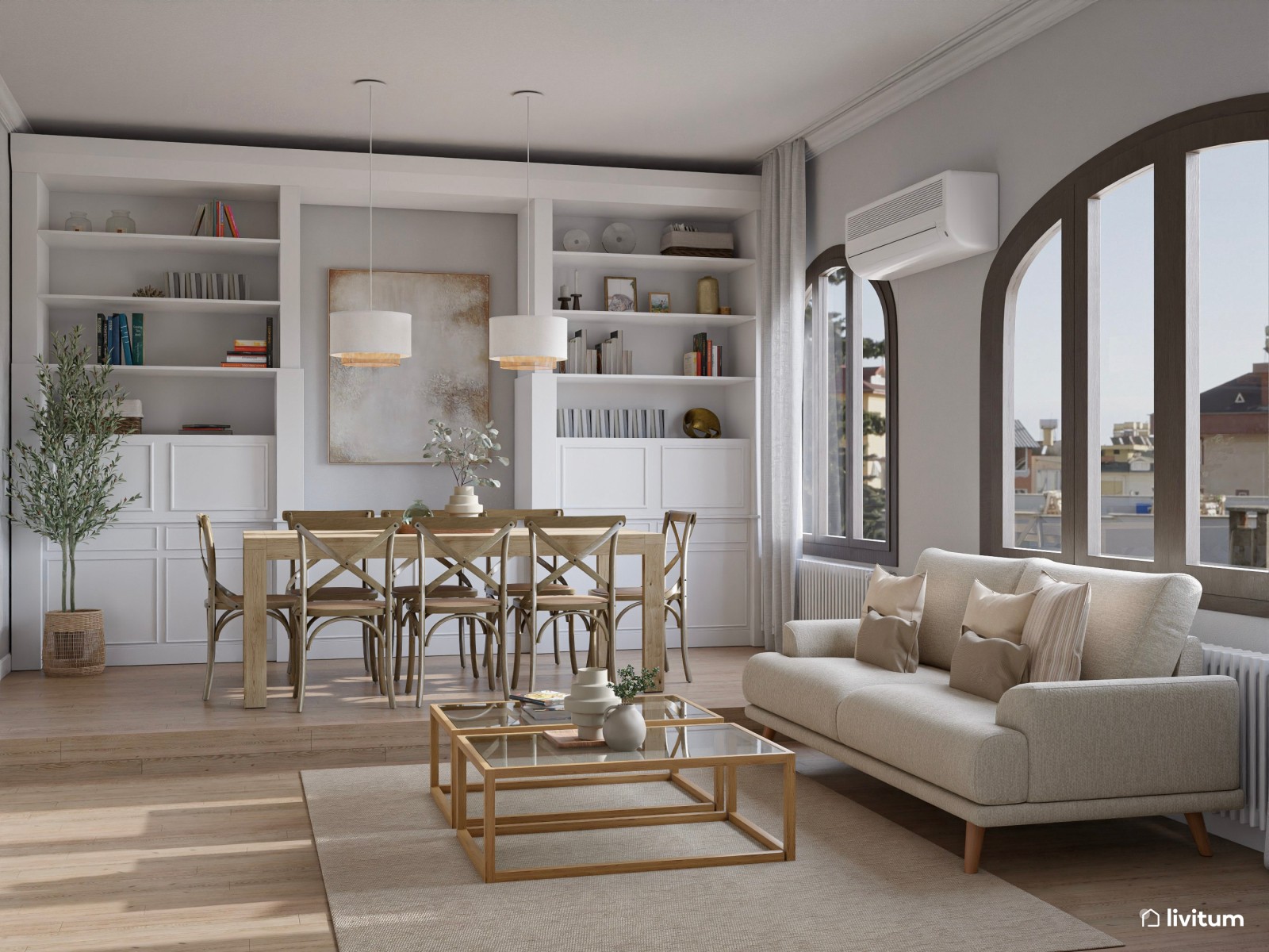 Elegante salón con ventanas arqueadas y mobiliario clásico 