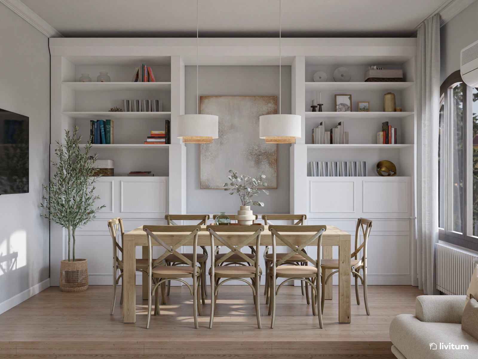 Elegante salón con ventanas arqueadas y mobiliario clásico 