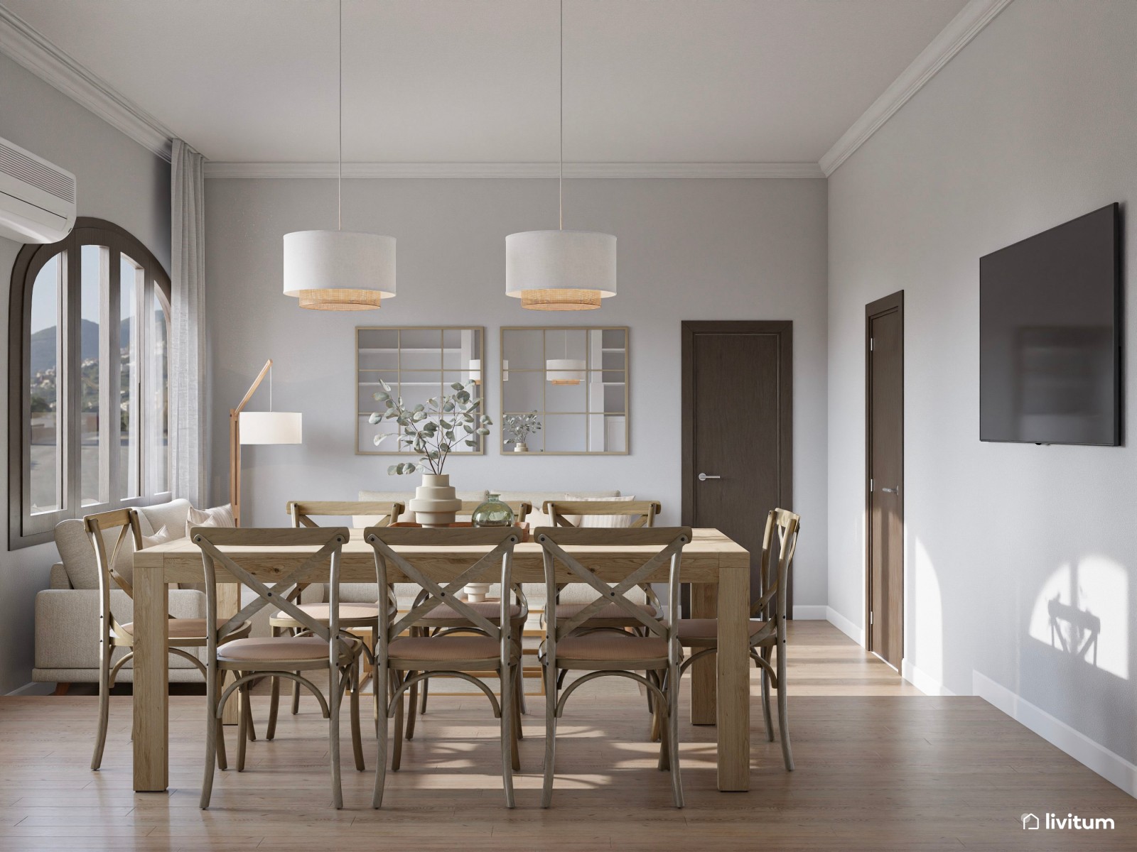 Elegante salón con ventanas arqueadas y mobiliario clásico 