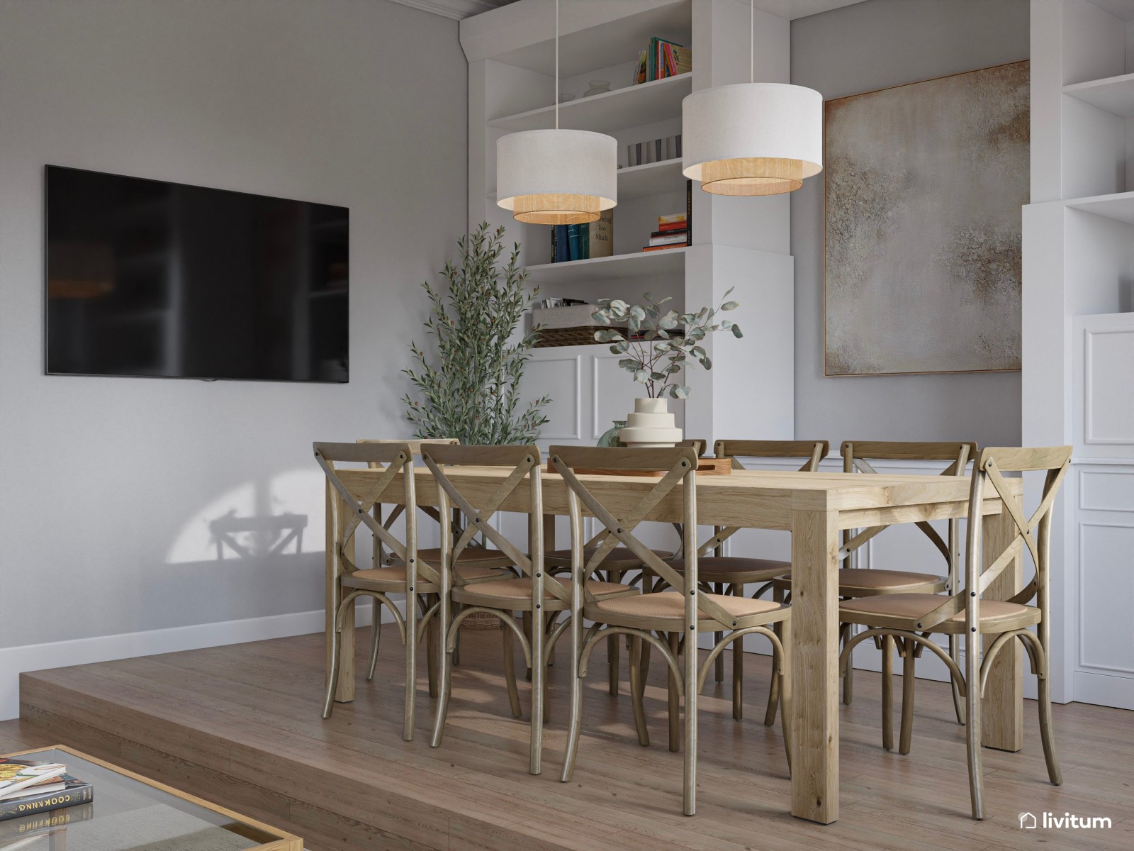 Elegante salón con ventanas arqueadas y mobiliario clásico 