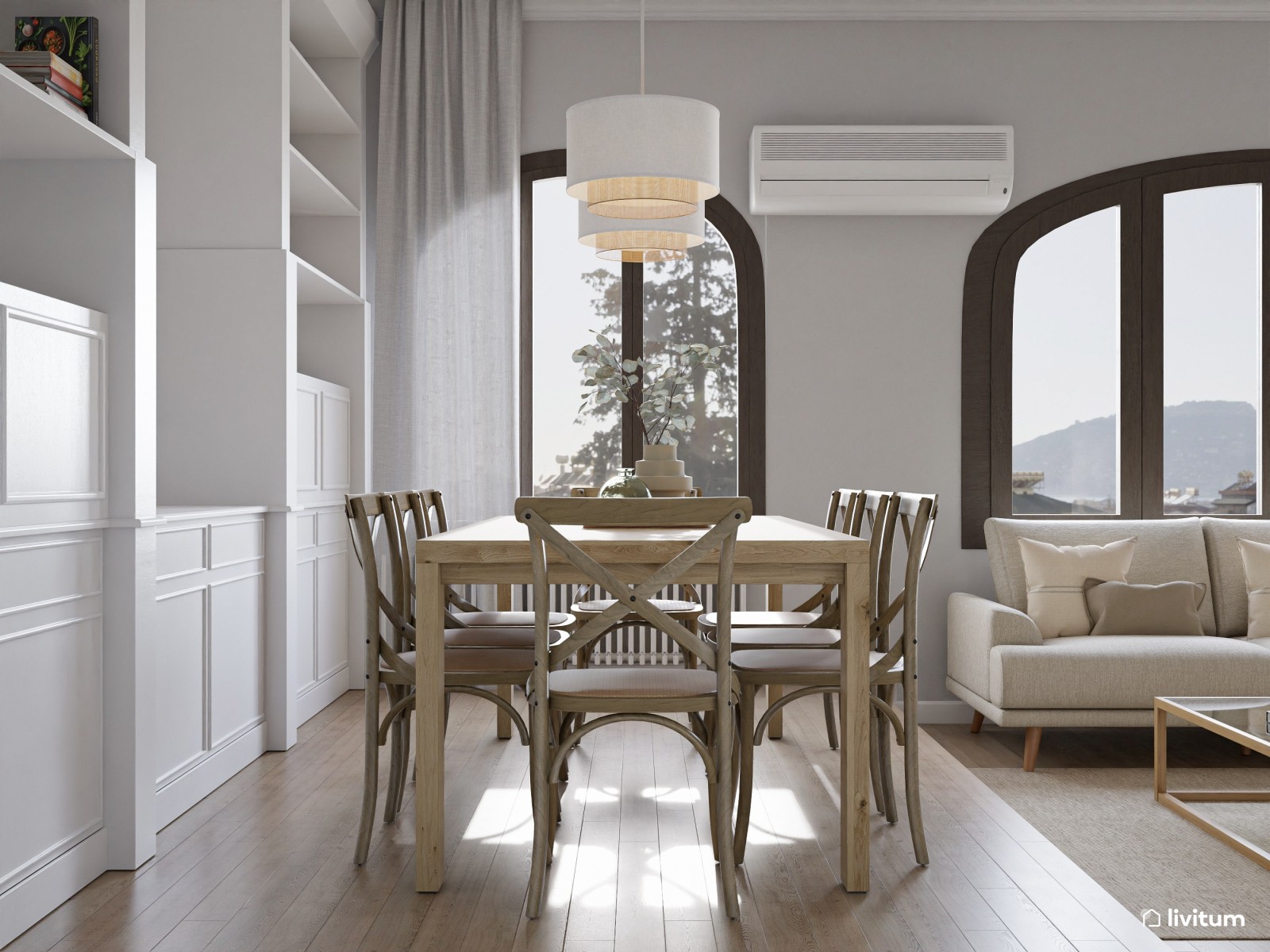 Elegante salón con ventanas arqueadas y mobiliario clásico 