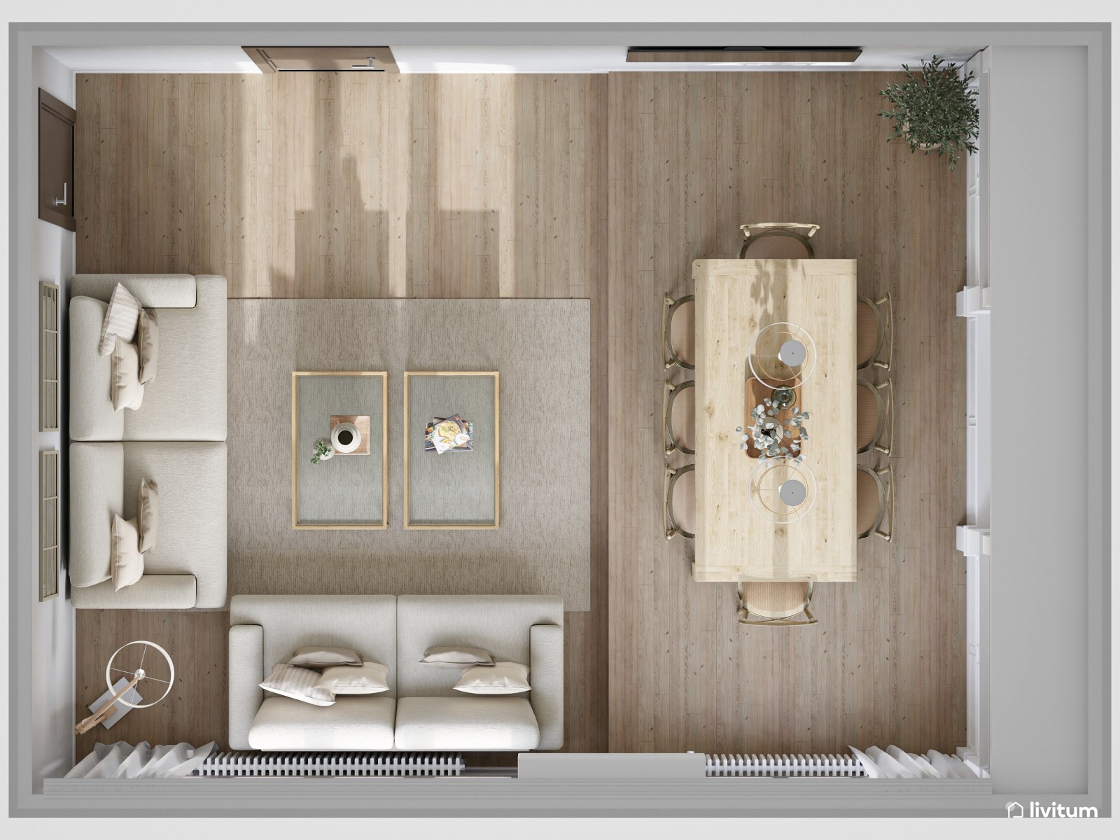 Elegante salón con ventanas arqueadas y mobiliario clásico 