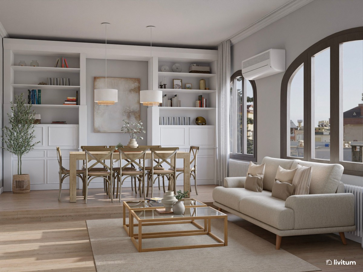 Elegante salón con ventanas arqueadas y mobiliario clásico